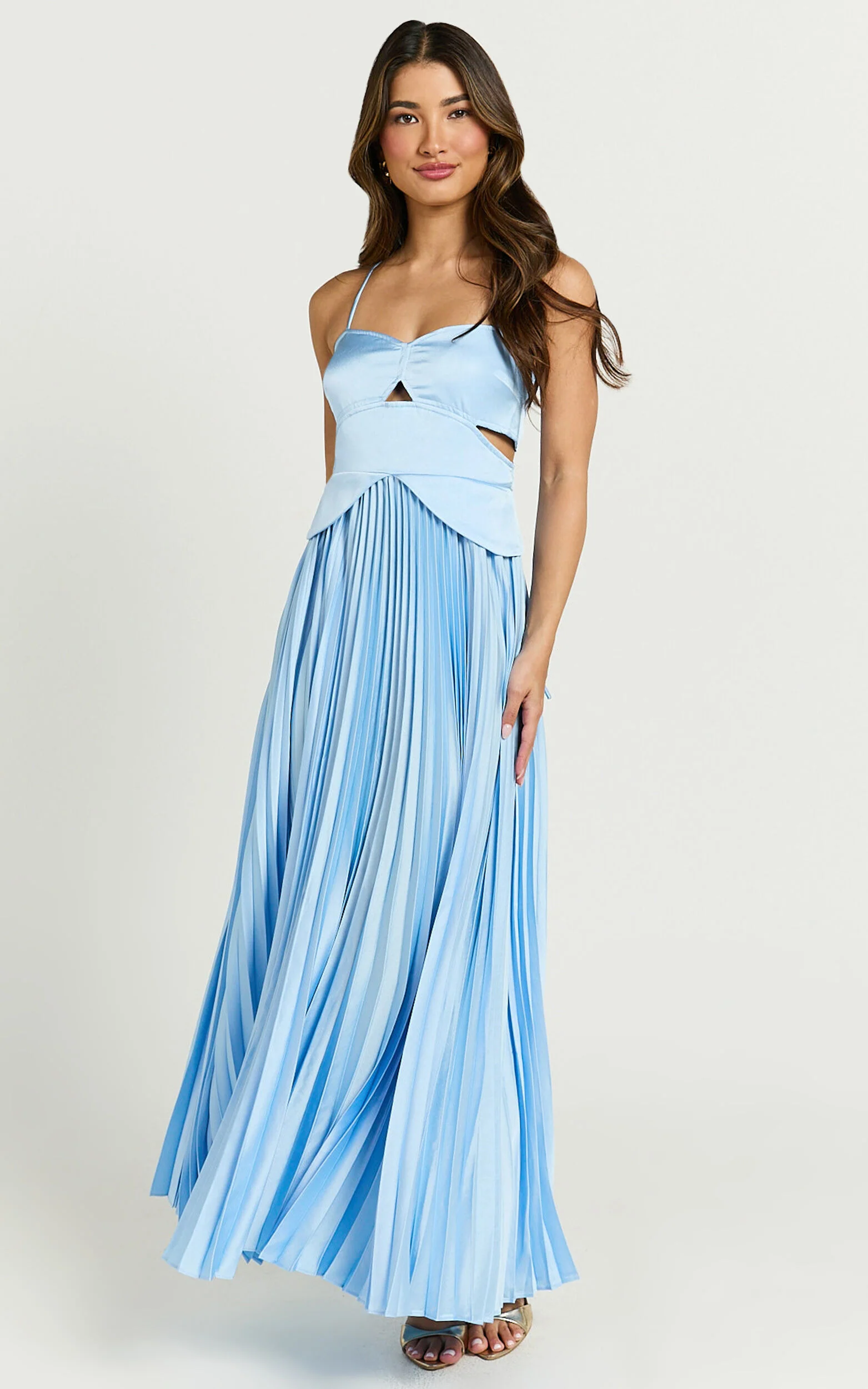 Shay Maxi Dress - Sweetheart Cut Out Pleated Dress in Blue