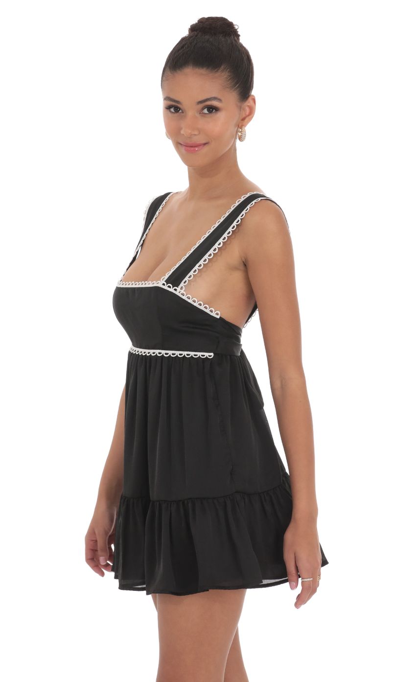 Embroidered Trim Babydoll Dress in Black