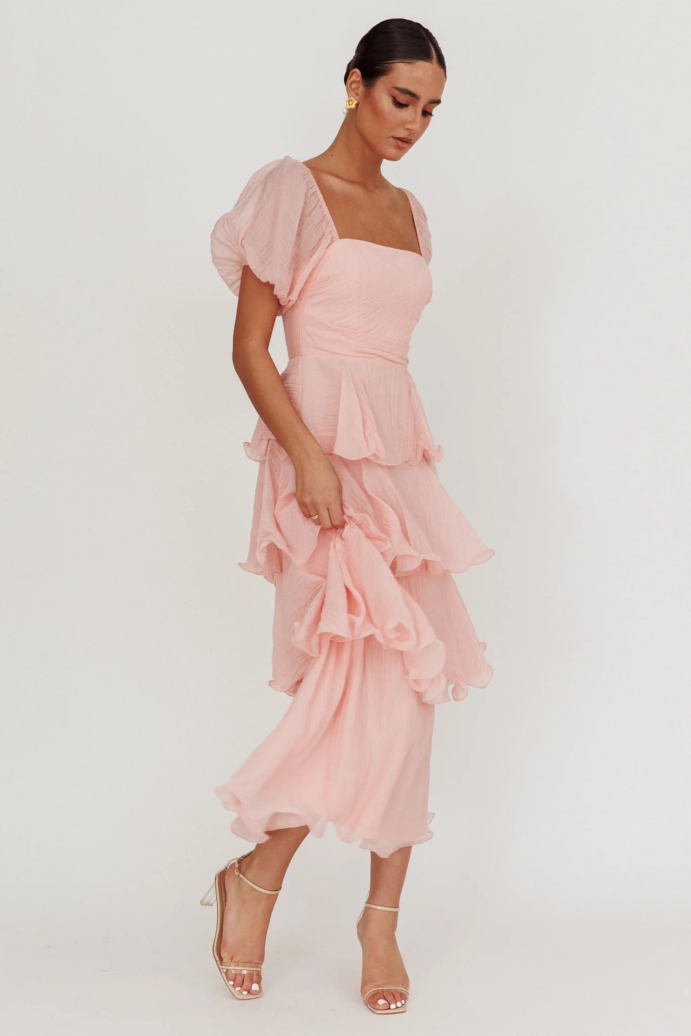 Giavana Puff Sleeve Layered Maxi Dress Baby Pink