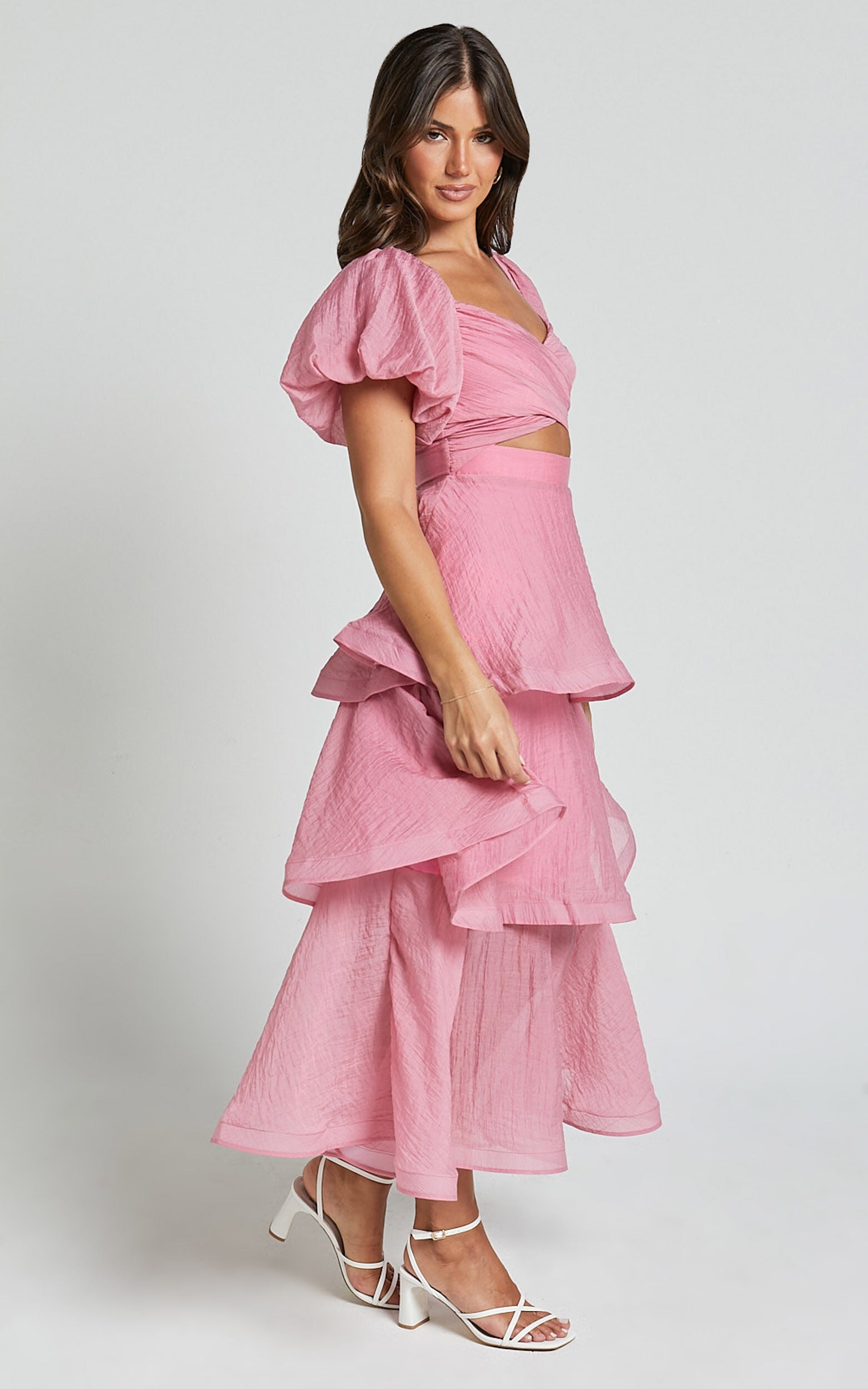 Giselle Midi Dress - Short Puff Sleeve Front Cut Out Layered Dress in Pink