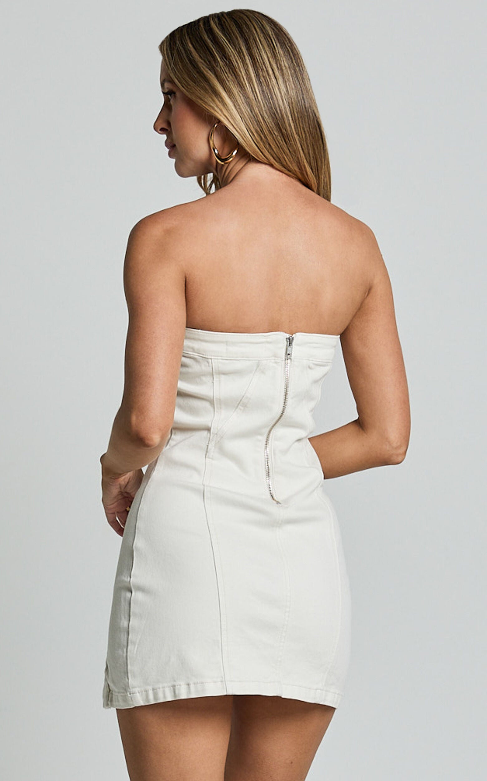 Erline Mini Dress - Asymmetric Strapless Denim Dress in Ecru