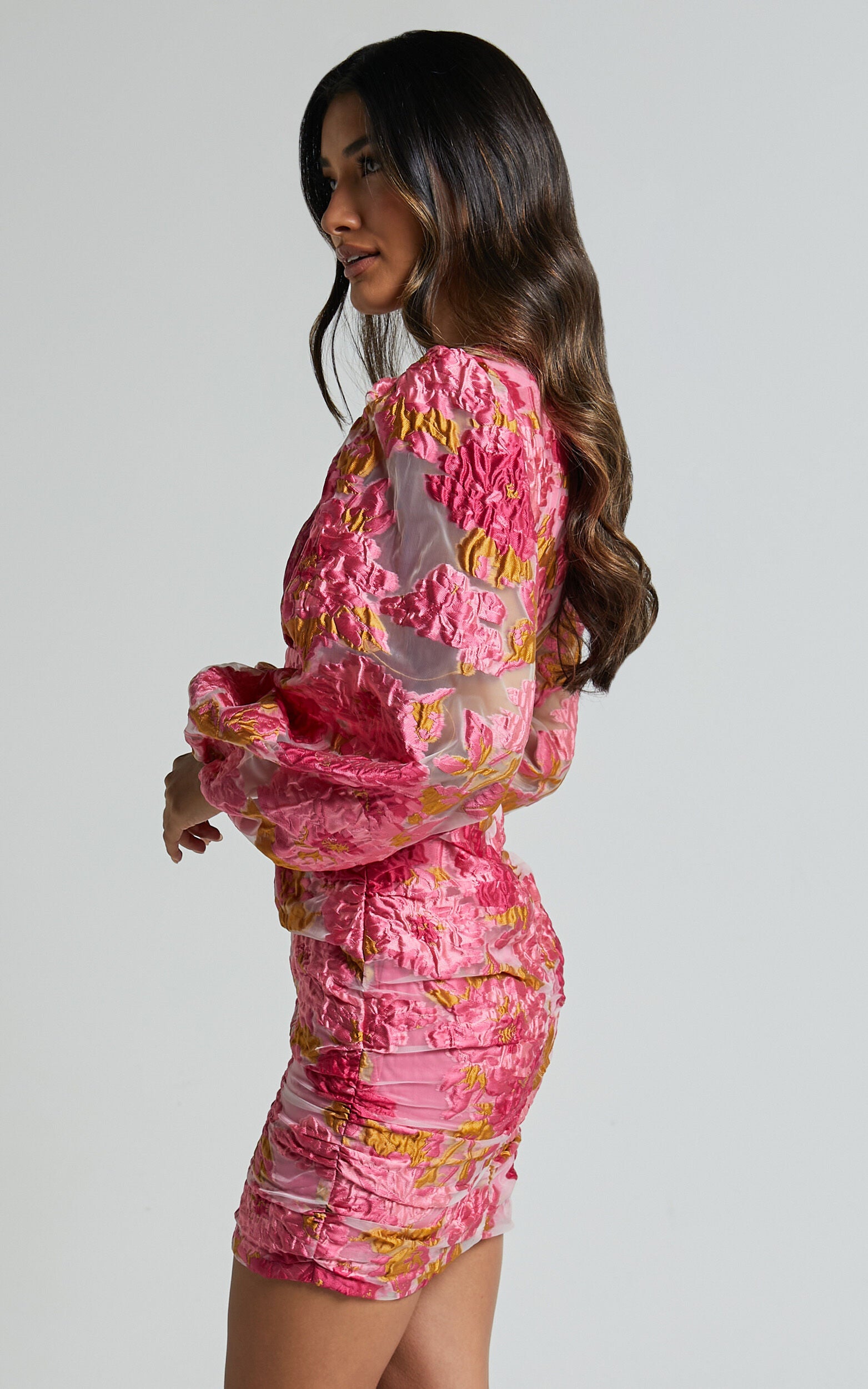 Farrah Mini Dress - Plunge Neck Long Sleeve Bodycon Dress in Pink