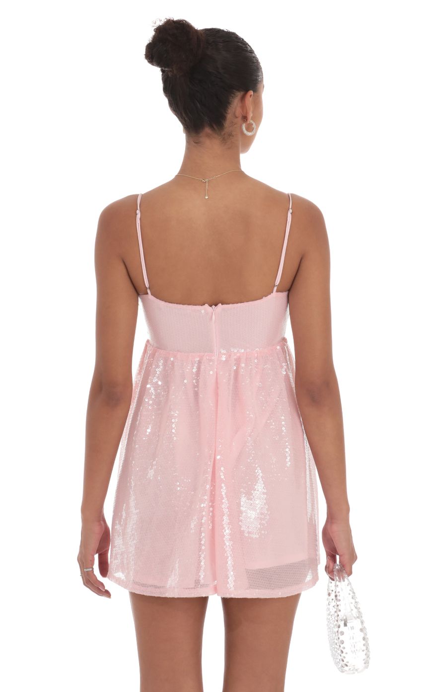 Sequin Front Bow Babydoll Dress in Pink