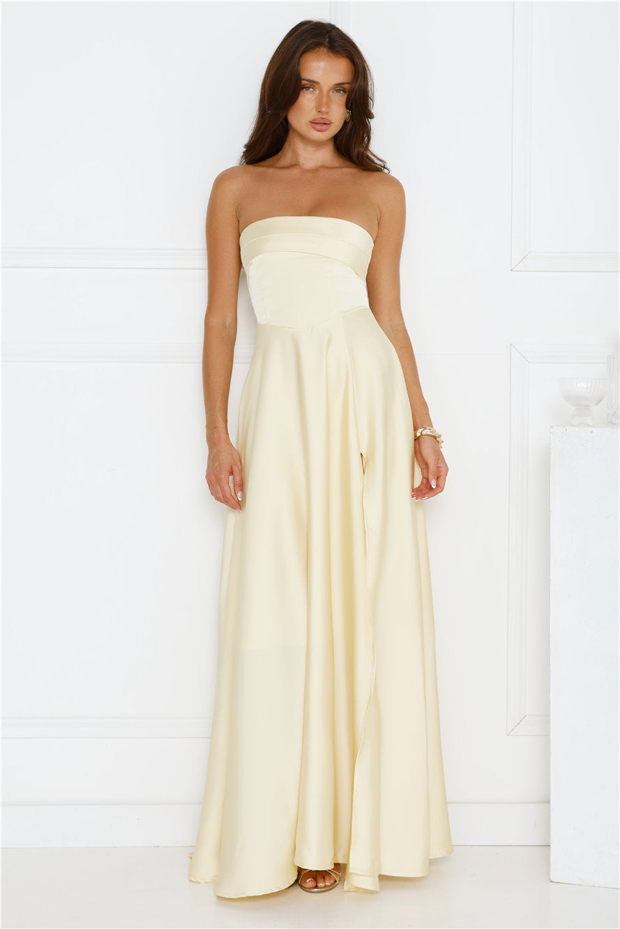 Unspoken Wishes Strapless Satin Maxi Dress Yellow