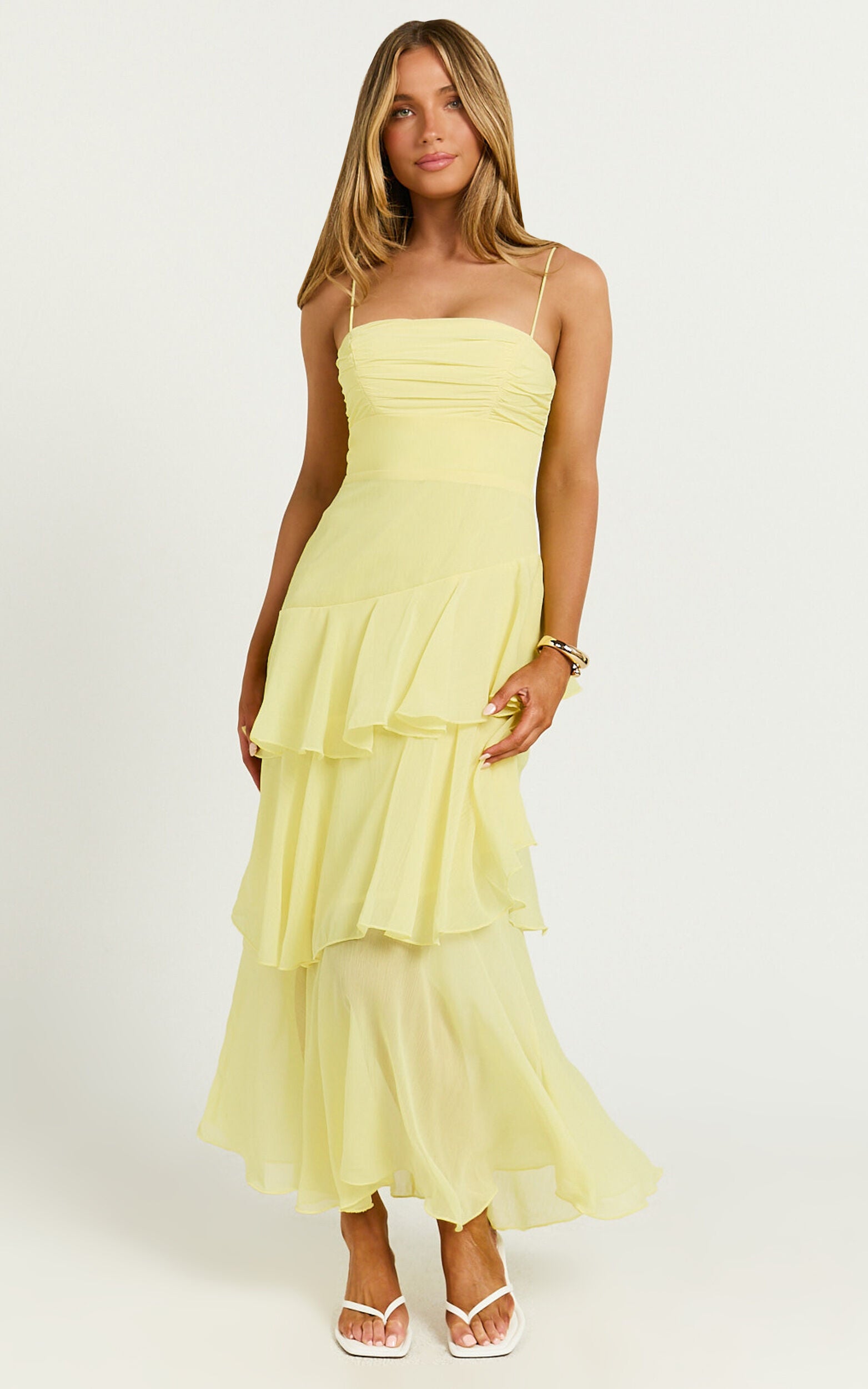 Johanna Midi Dress - Straight Neck Tiered Dress in Lemon