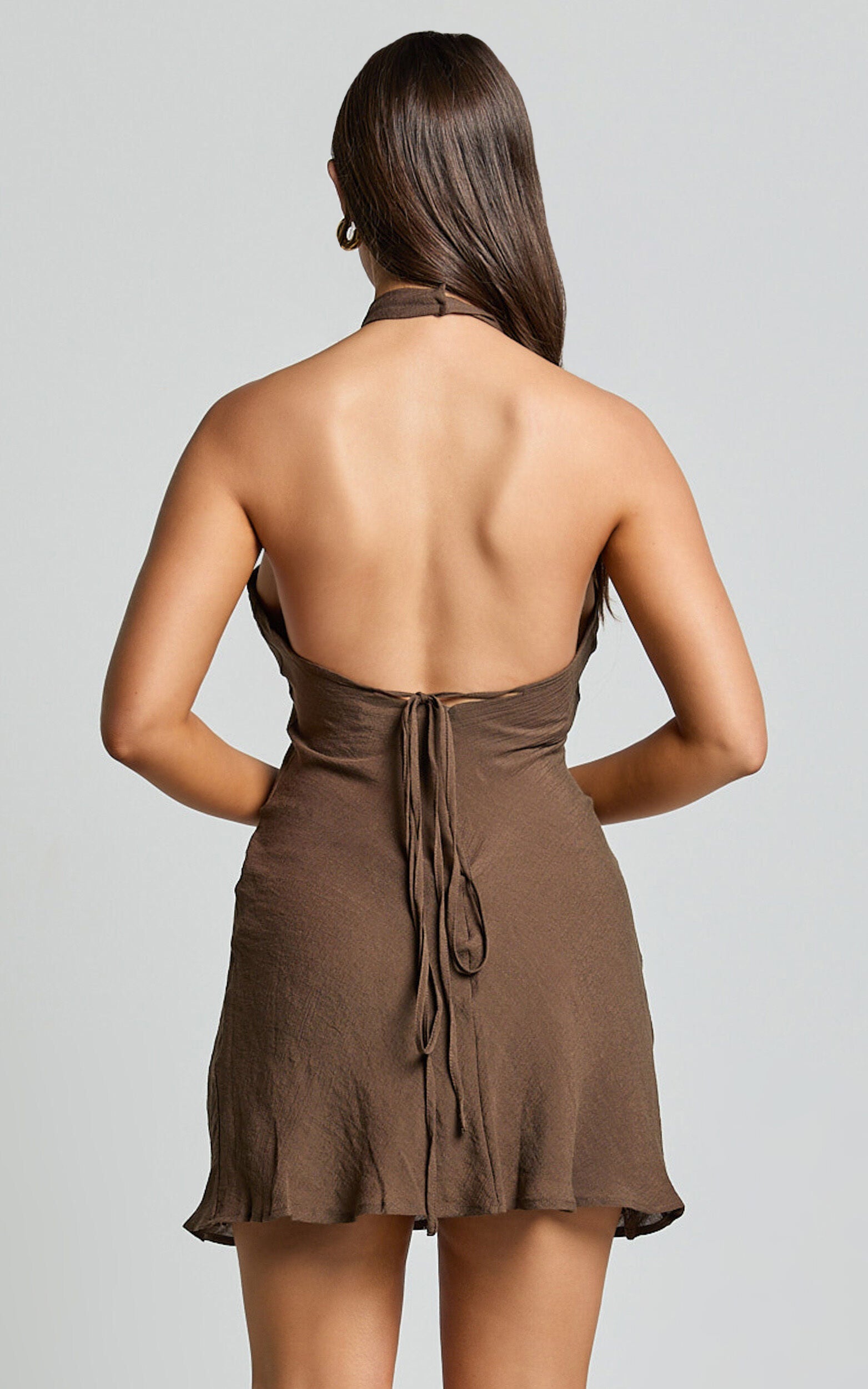 Martine Mini Dress - Halter Cowl Neck Low Tie Back Dress in Brown