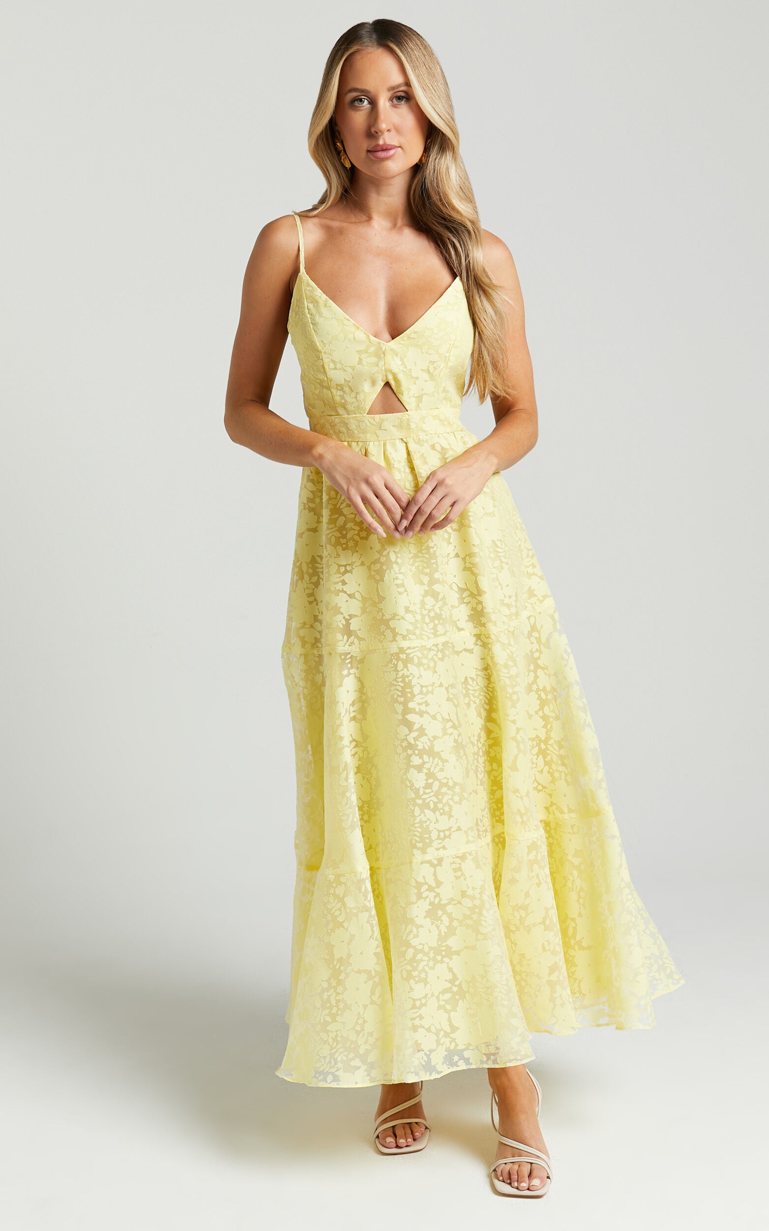 Jorie Midi Dress - Strappy Front Cut Out Tiered Skirt in Pastel Yellow