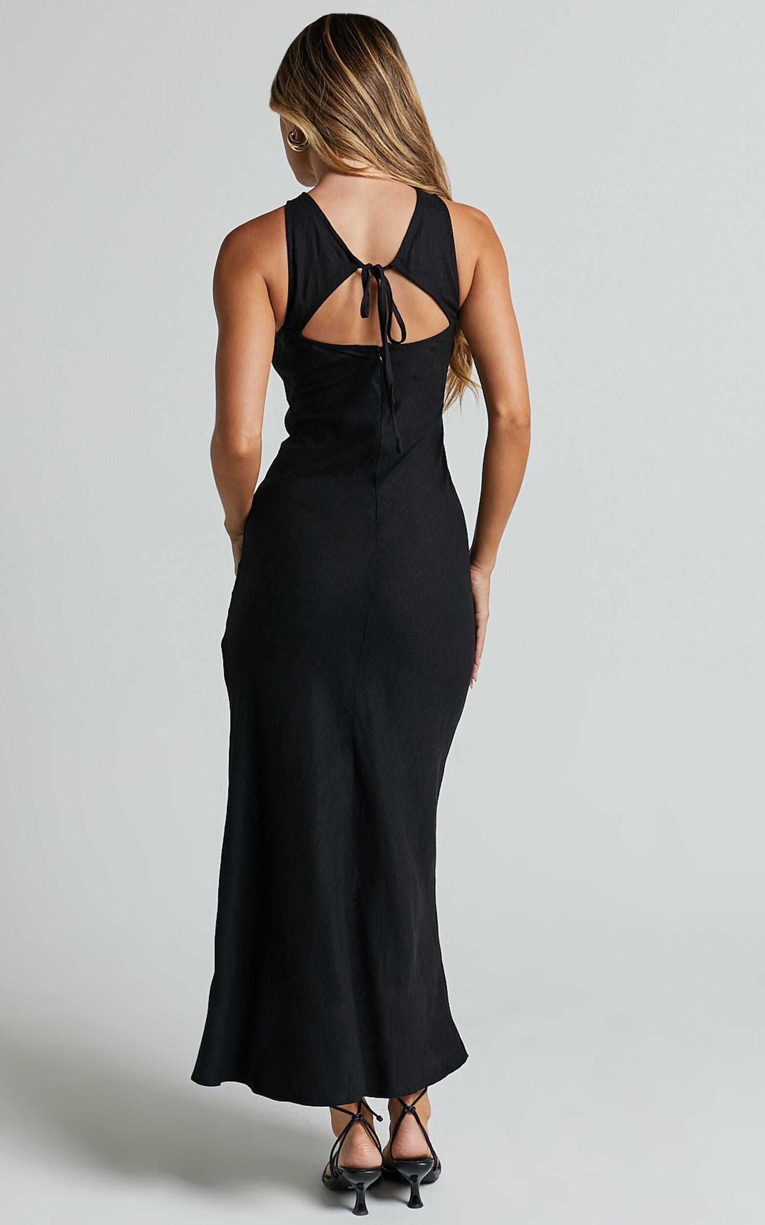 Fernley Midi Dress - Linen Racer Neck Slip Dress in Black