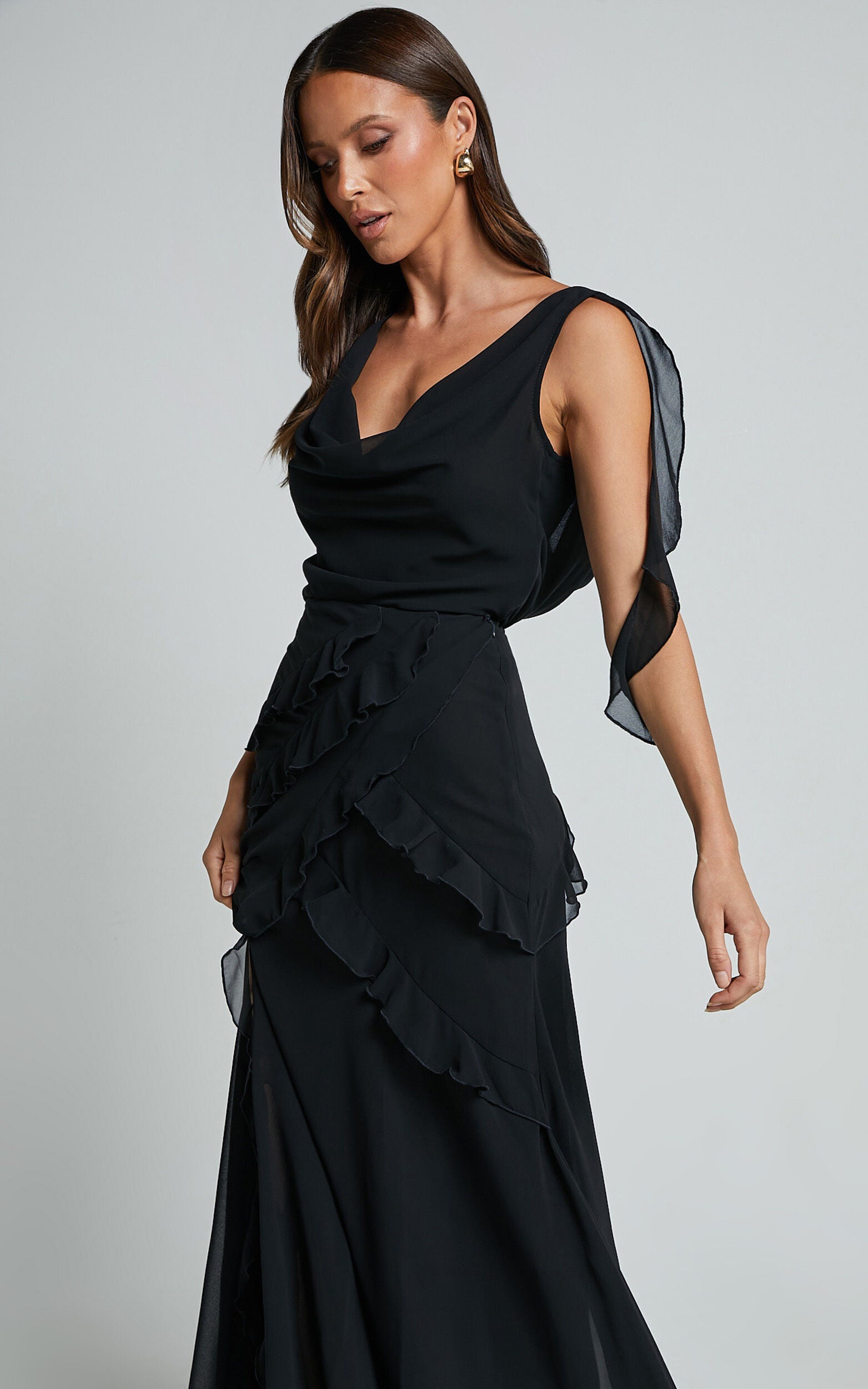 Lowen Maxi Skirt - High Waist Frill Thigh Split Skirt in Black