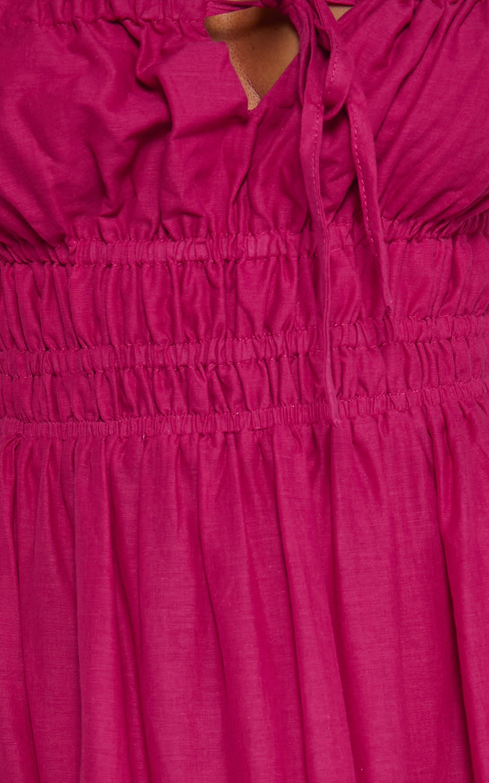 Schiffer Midi Dress - Strappy Ruched Tie Front Tiered Dress in Raspberry