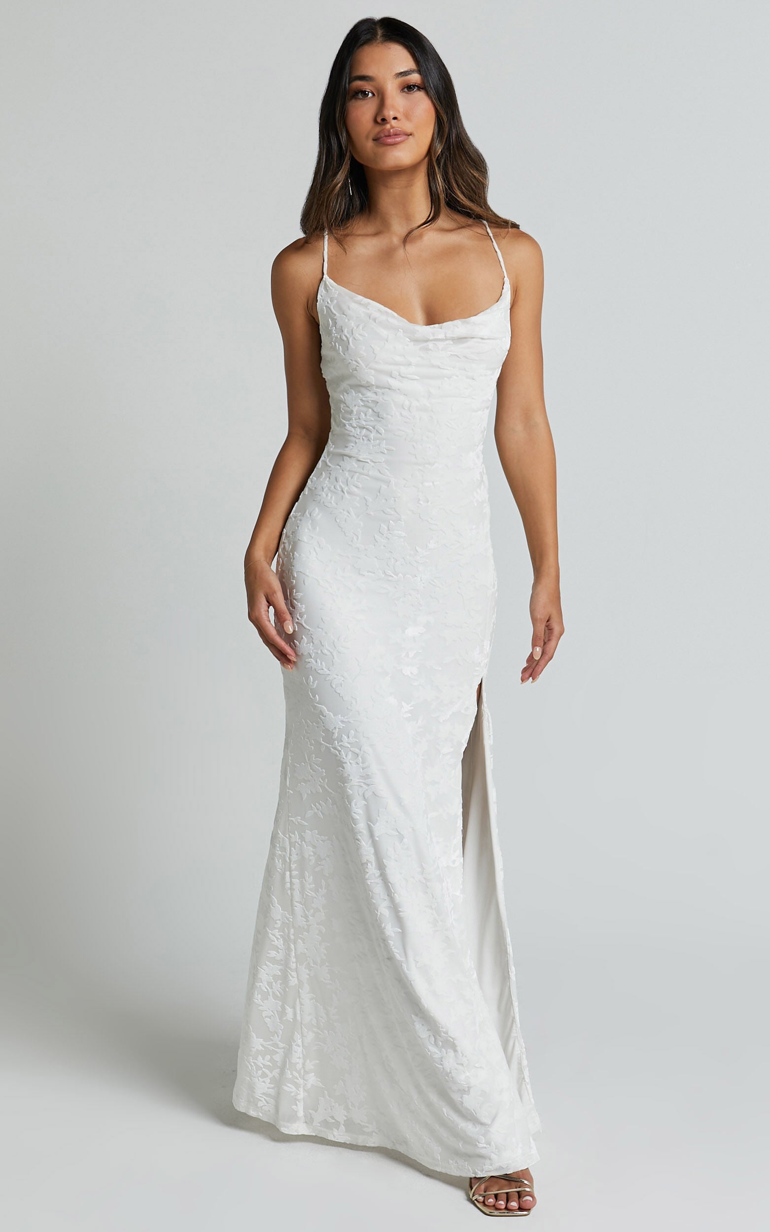 Reese Maxi Dress - Cowl Cross Back Burnout Dress in White