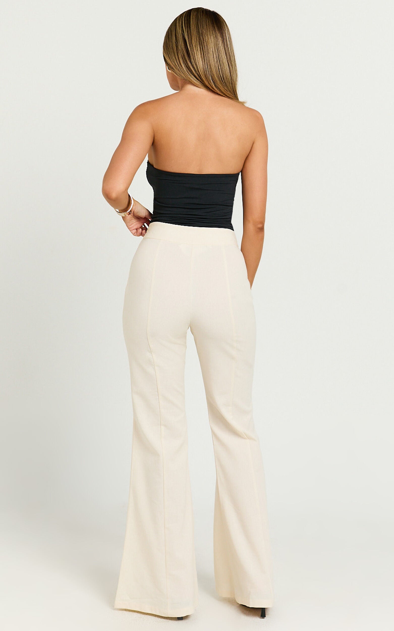 Jamir Pants - Linen Look High Waisted Fit and Flare Pants in Cream