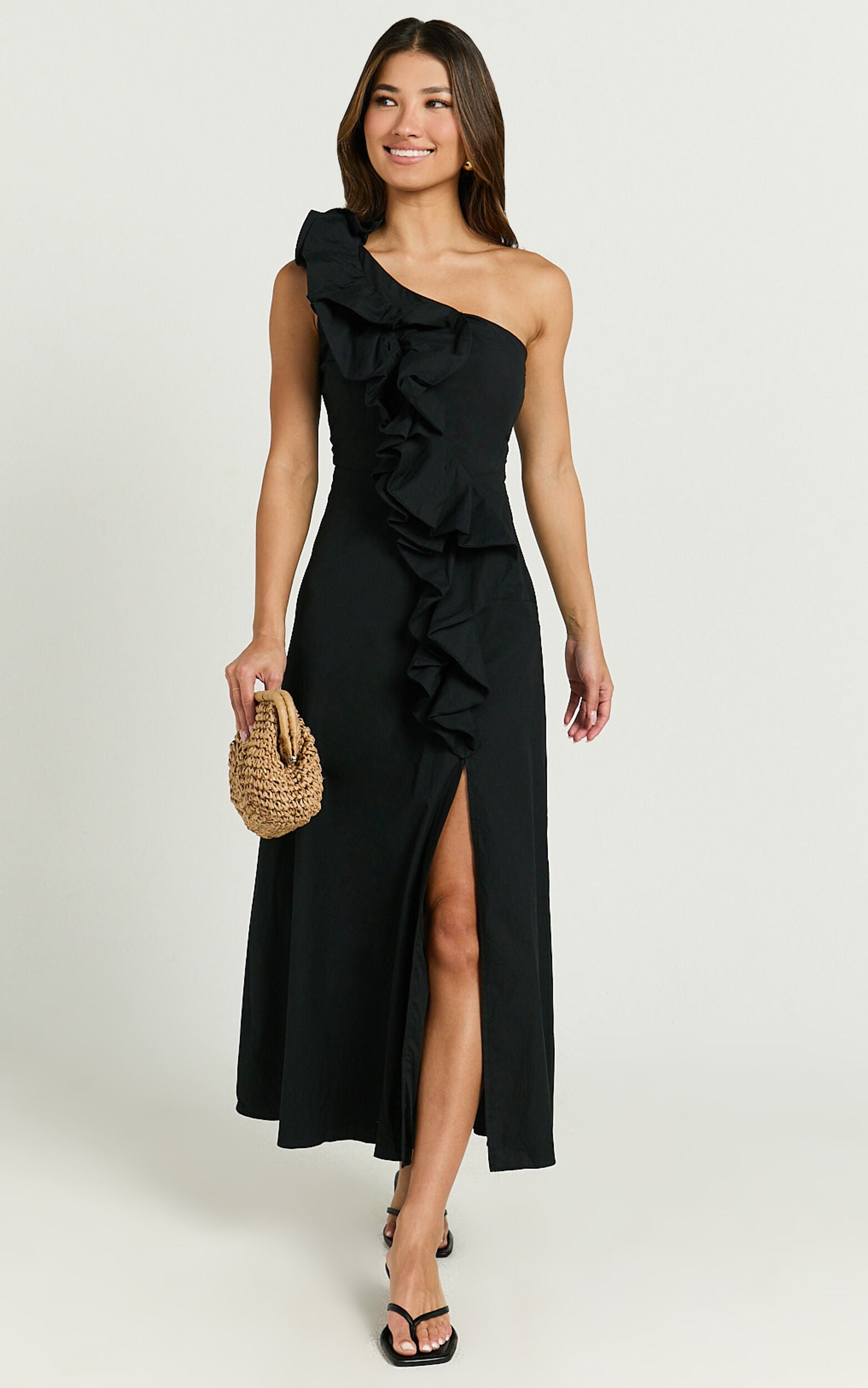 Rita Midi Dress - One Shoulder Ruffle Detail Dress in Black