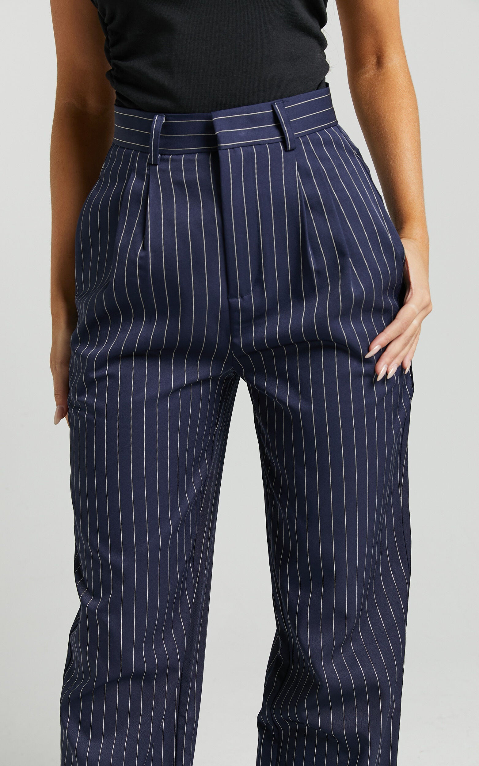 Iyah Pants - High Waisted Tailored Pants in Navy Pinstripe