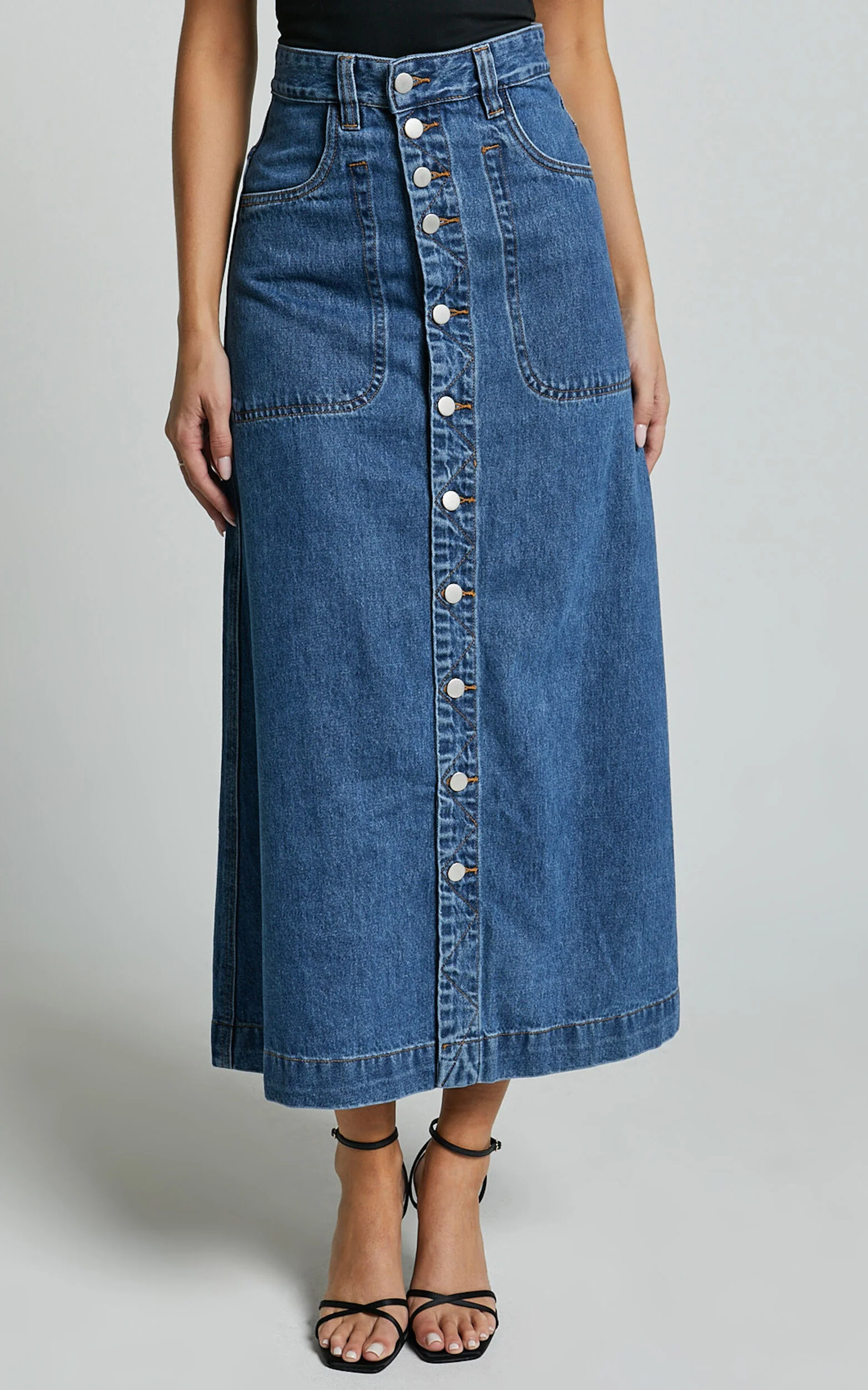 Alisa Midi Skirt - Button Through A Line Denim Skirt in Dark Blue Wash