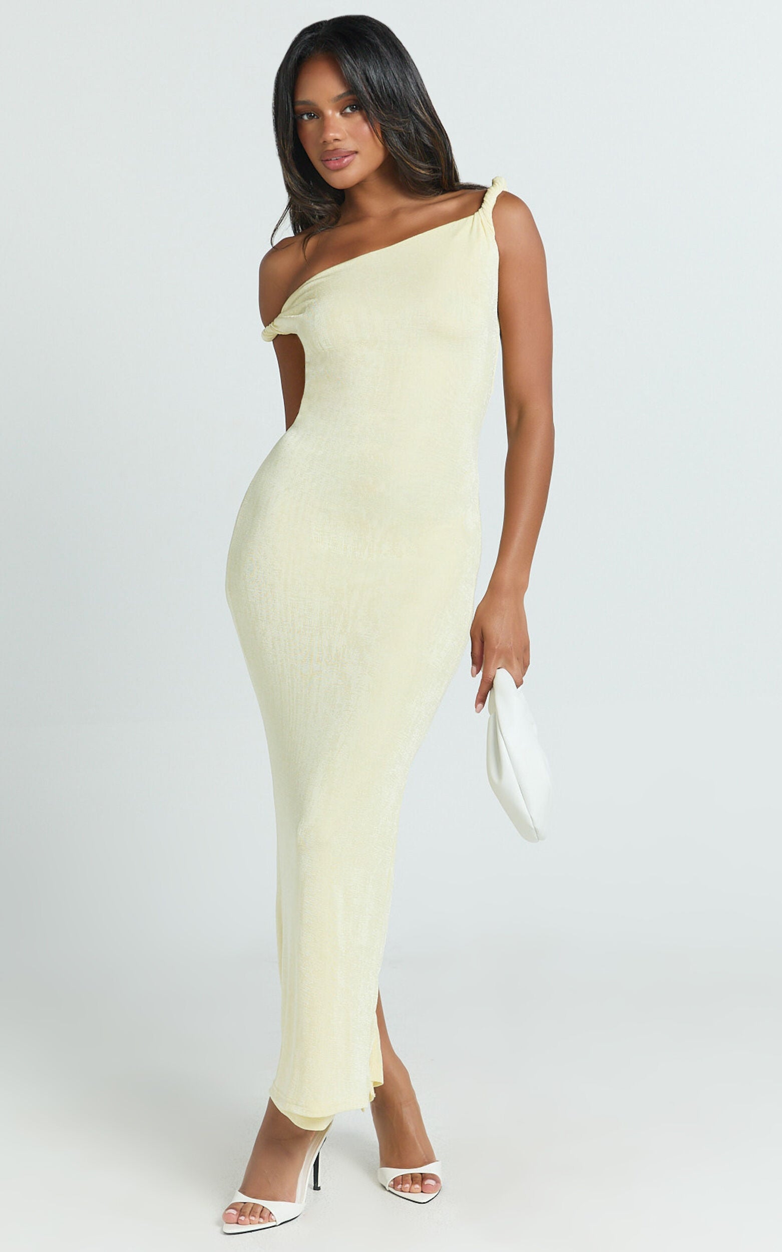 Isabel Midi Dress - Twist Off Shoulder Bodycon Dress in Lemon
