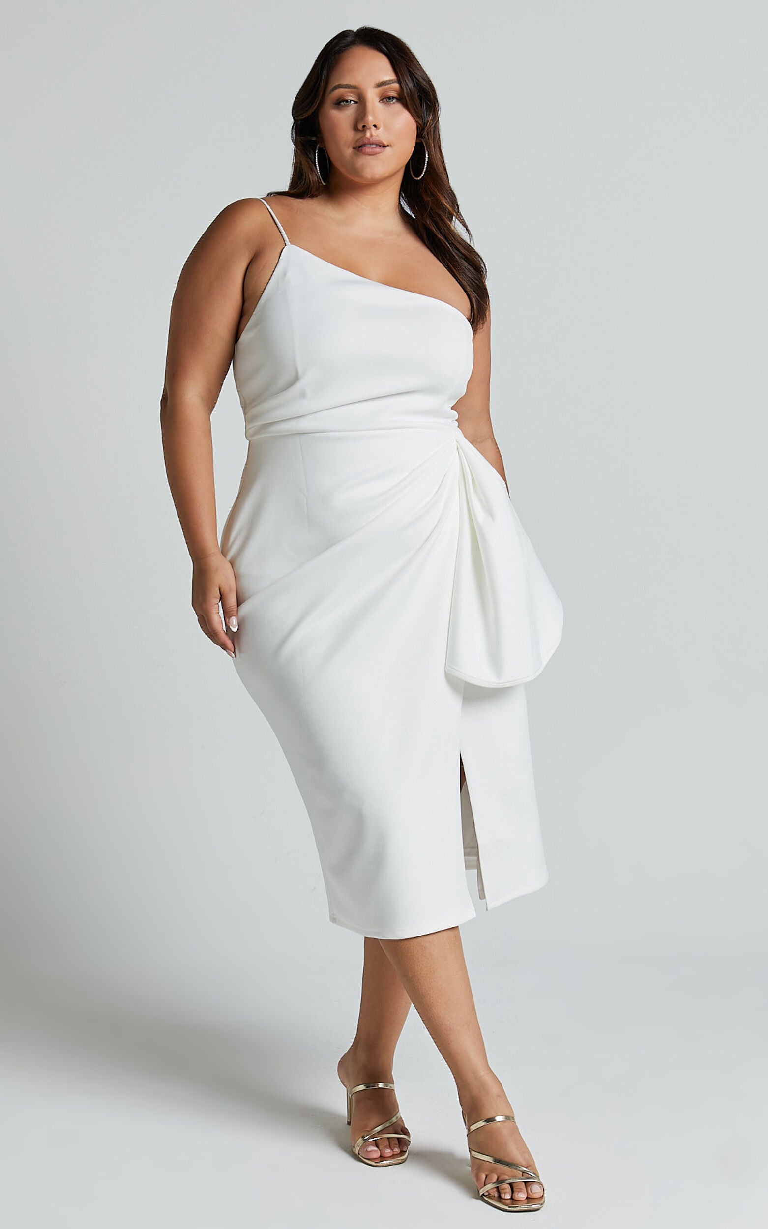 Marcelita Midi Dress - One Shoulder Drape Detail Faux Wrap Dress in White
