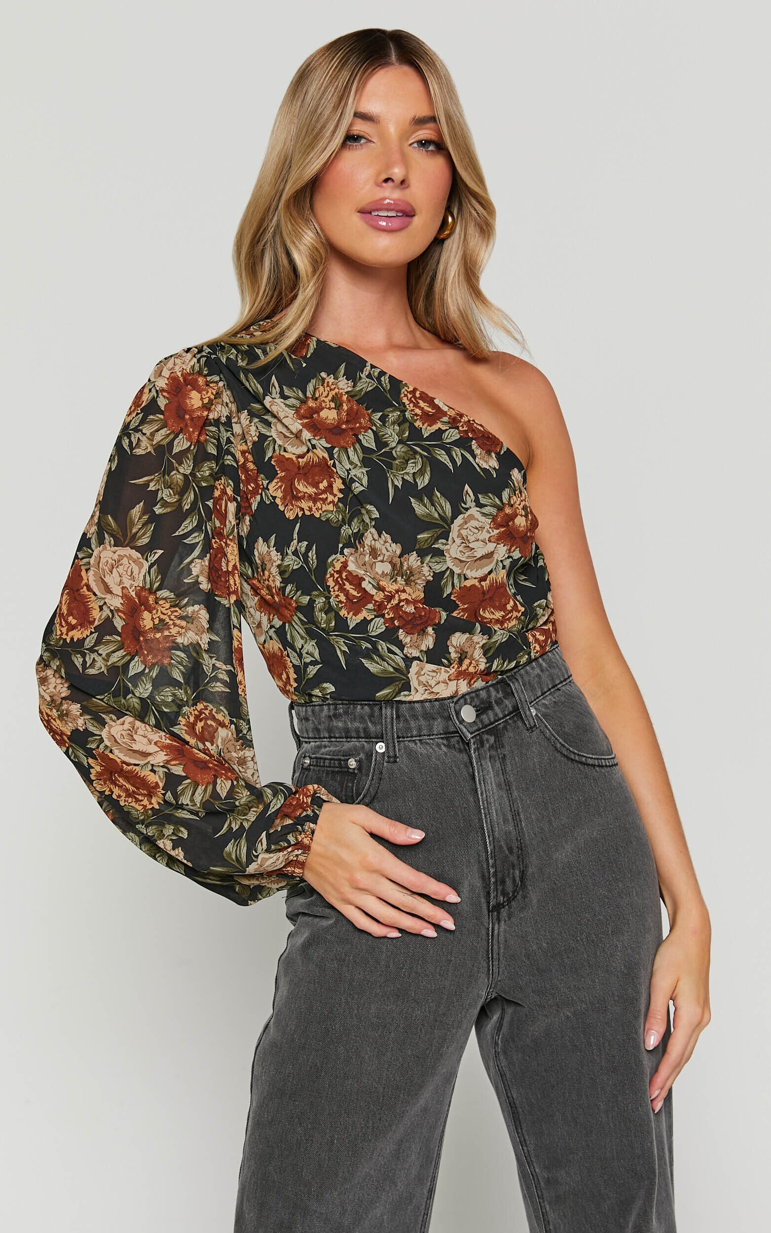 Jaziel Bodysuit - One Shoulder Ruched Bodysuit in Black Floral