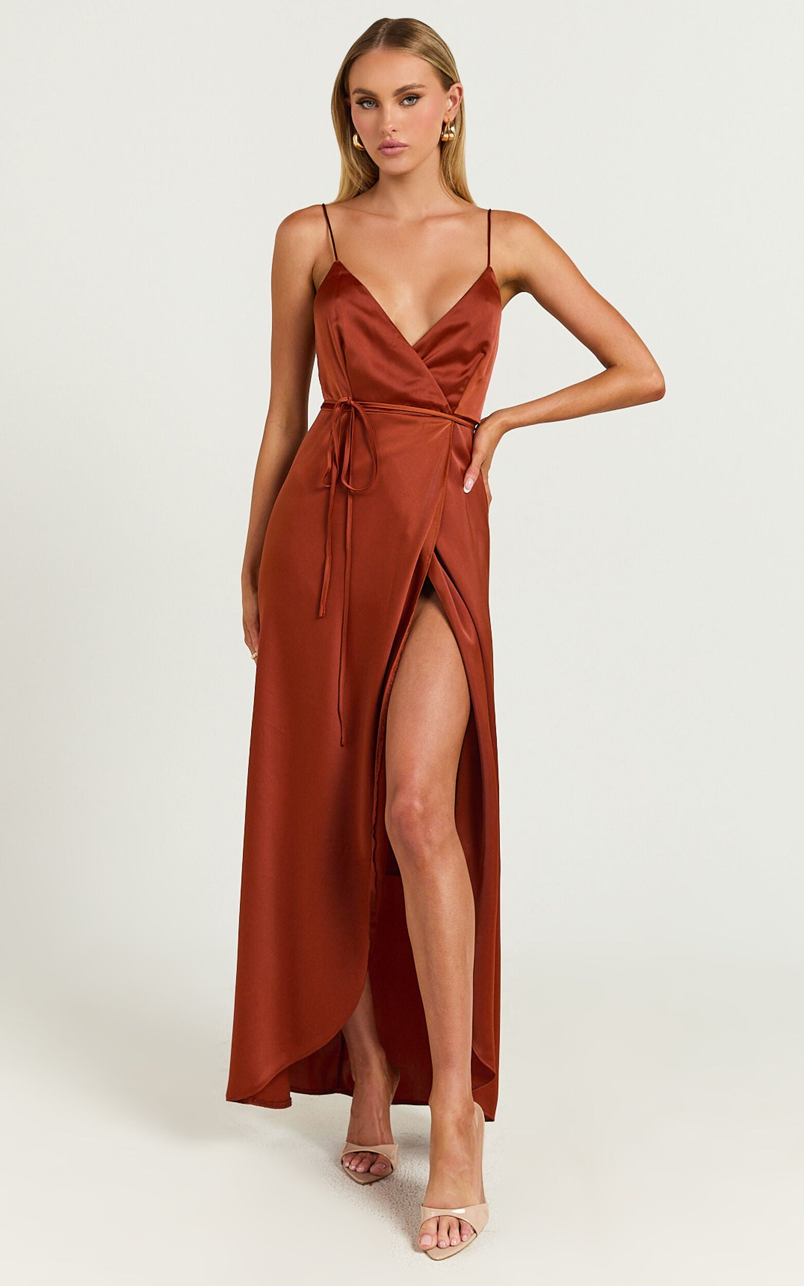 Mine Would Be You Midi Dress - Wrap Dress in Copper Satin