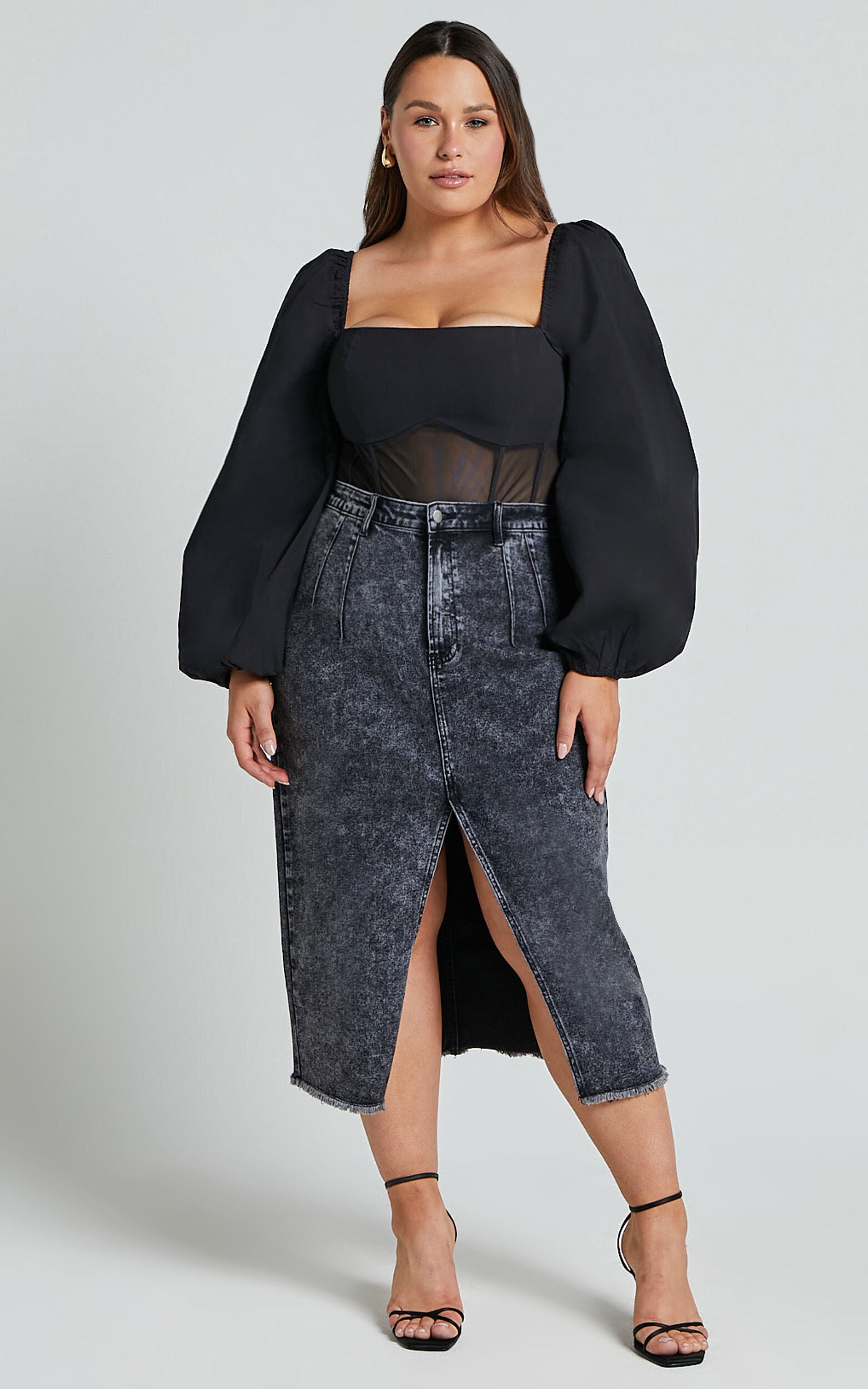 Lincy Bodysuit - Puff Long Sleeve Mesh Waist Detail Bodysuit in Black