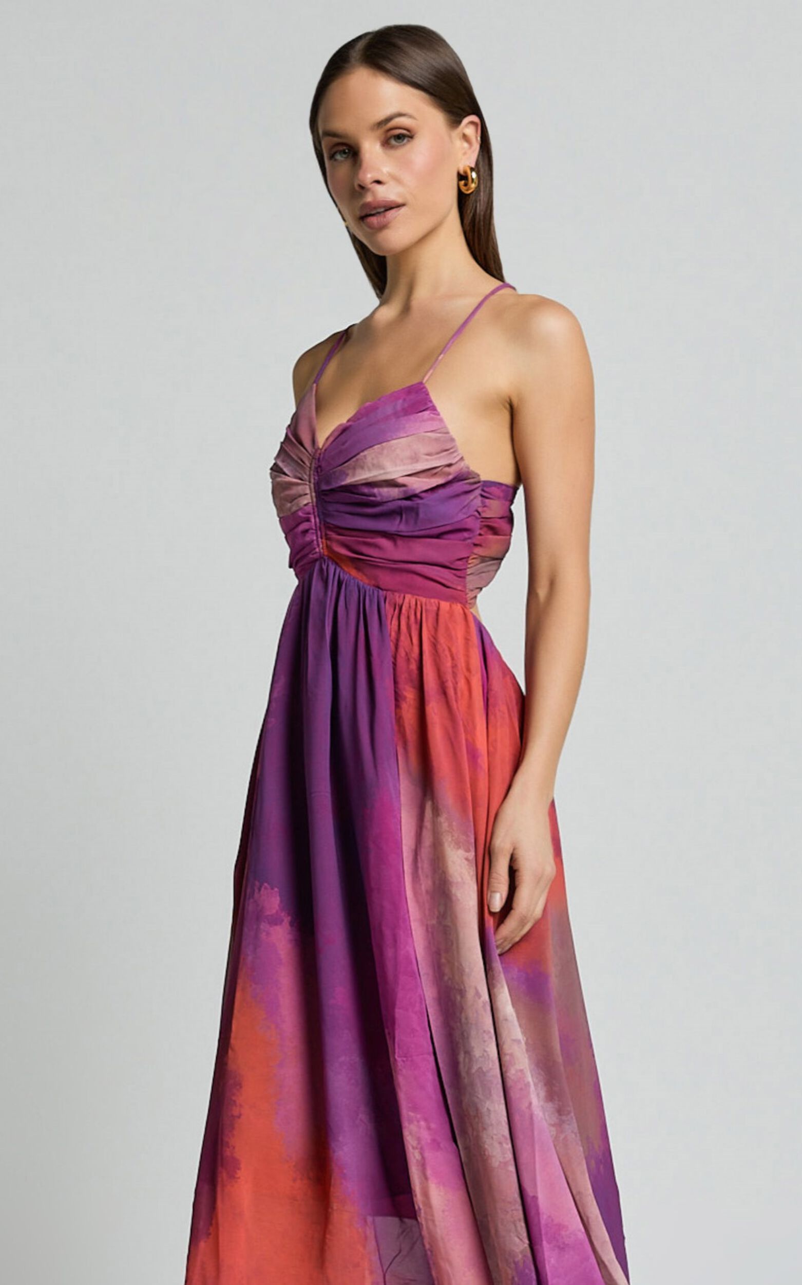 Josephine Midi Dress - Recycled Polyester Strappy Cross Tie Back Dress in Coral Mirage Print