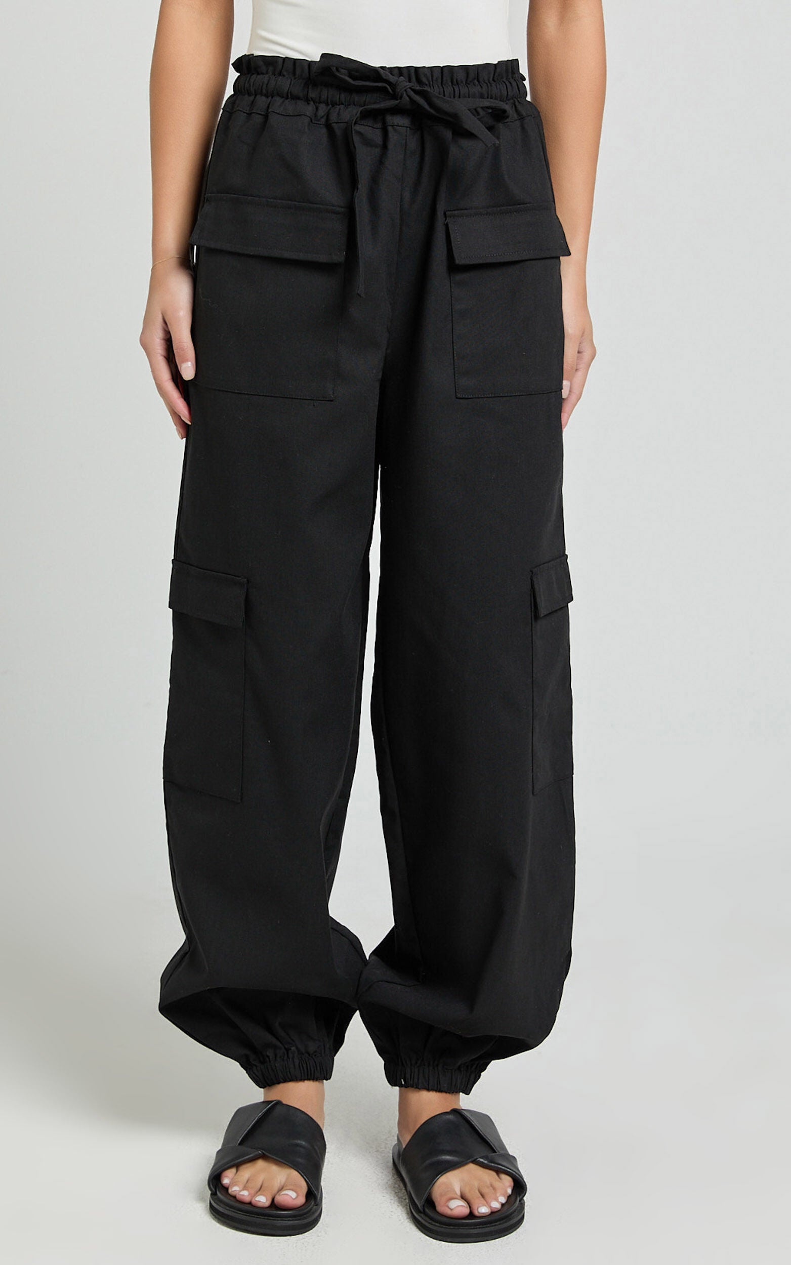 Simpson Pants - Linen Tie Waist Pocket Detail Cargo Pants in Black