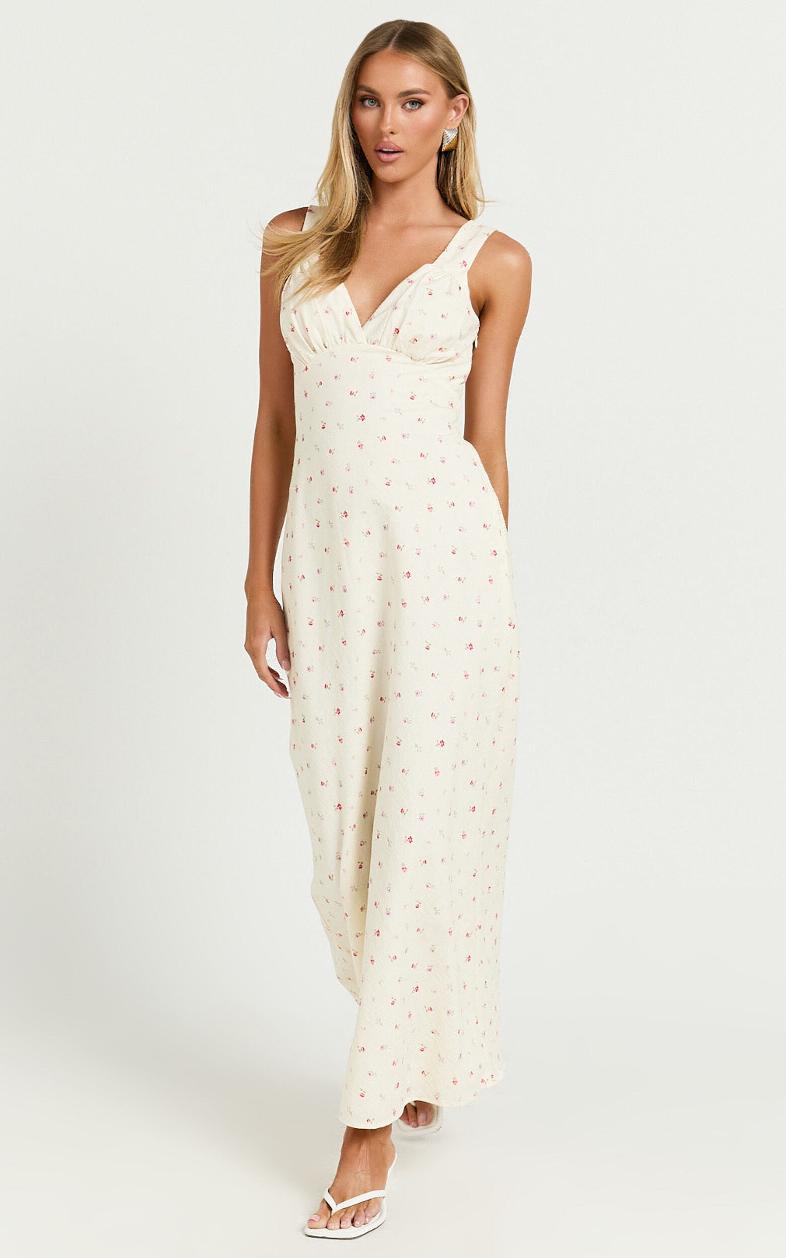 Mauriel Midi Dress - Deep V Gathered Bust Slip Dress in Lemon Floral