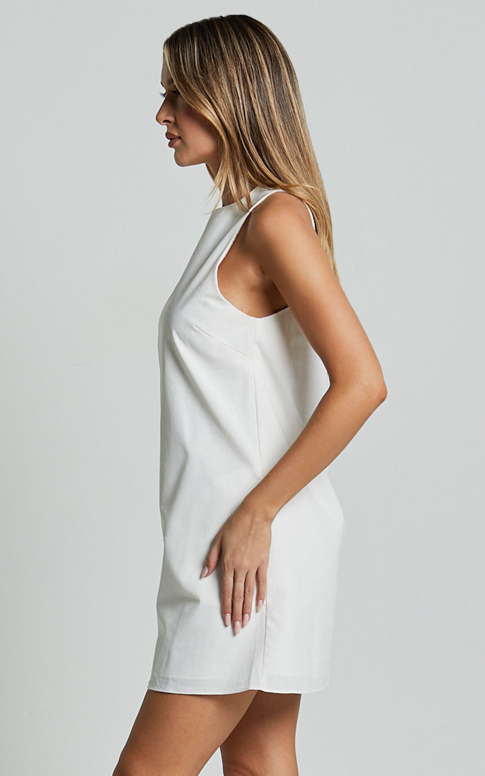 Elda Mini Dress - Linen High Neck Shift Dress in Off White