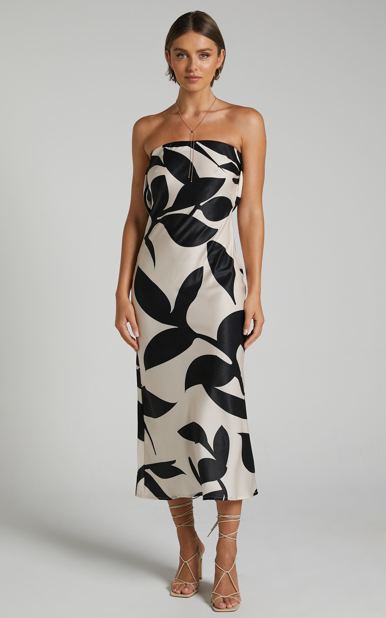 Madelyn Midi Dress - Strapless Palm Print Satin Dress in Cream and Black Shadow Print