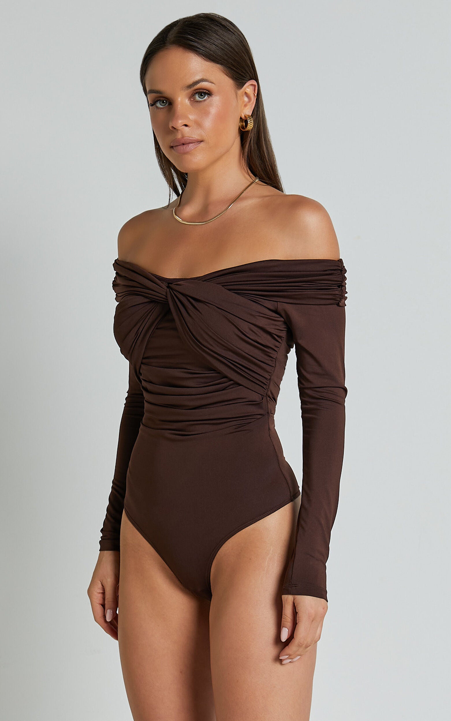 Shamaira Bodysuit - Twist Front Off Shoulder Long Sleeve in Brown