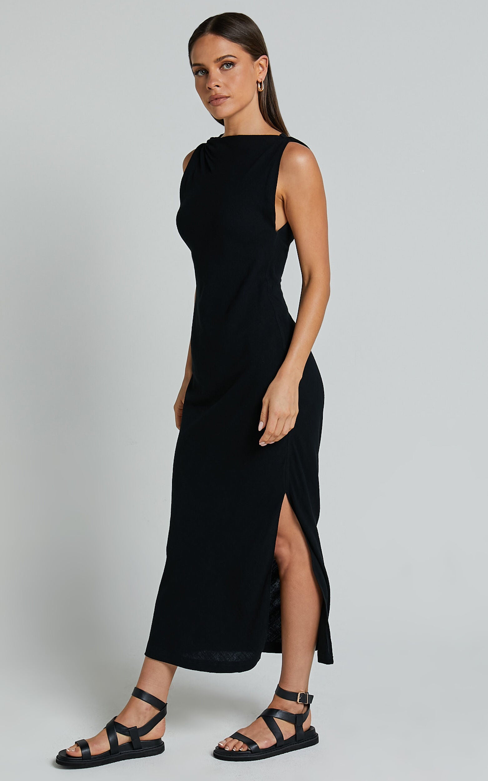 Jessenia Midi Dress - Linen High Neck Dress in Black