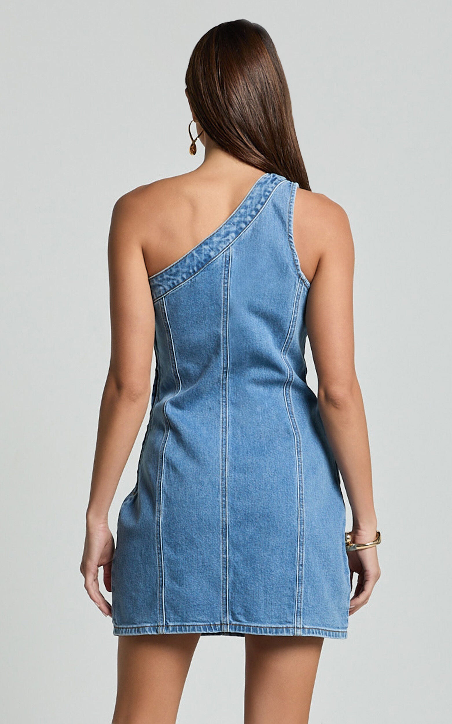 Harmony Mini Dress - One Shoulder Bodycon Recycled Denim Dress in Mid Blue Wash