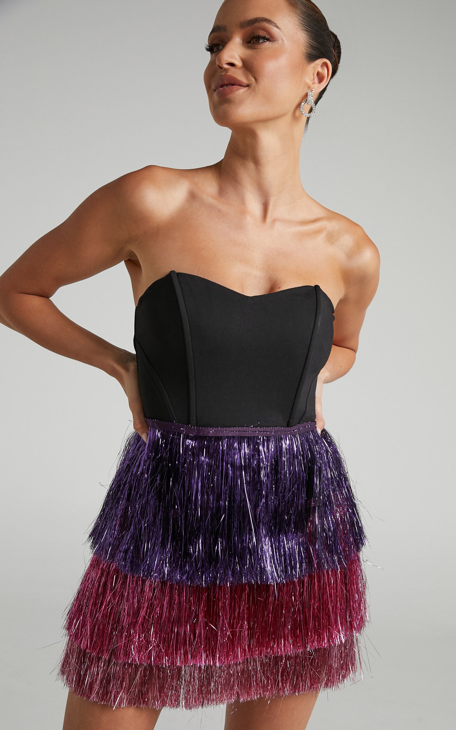 Flossie Mini Dress - Sweetheart Fringe Layered Dress in Black