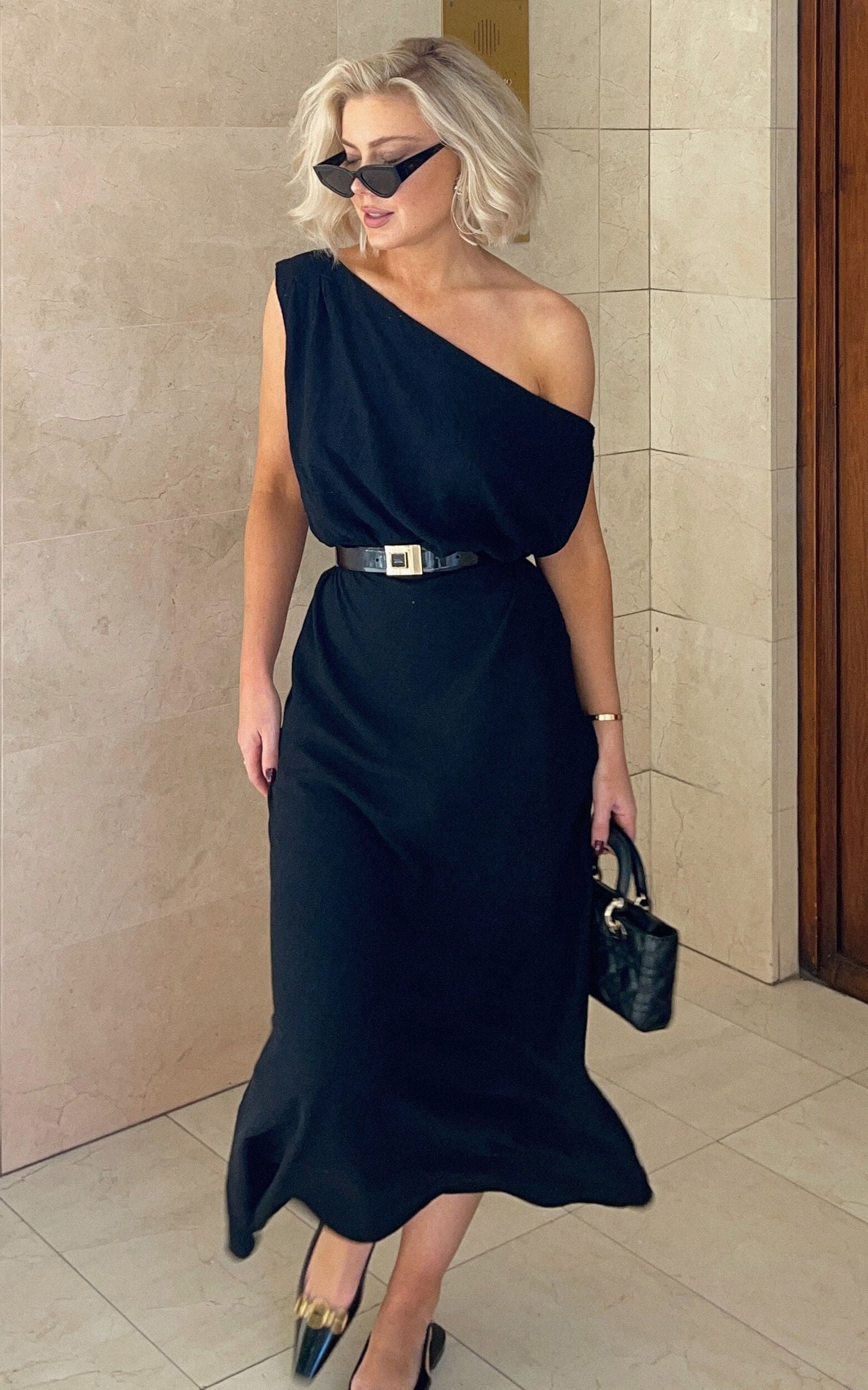 Jacqueline Midi Dress - Linen One Shoulder Dress in Black