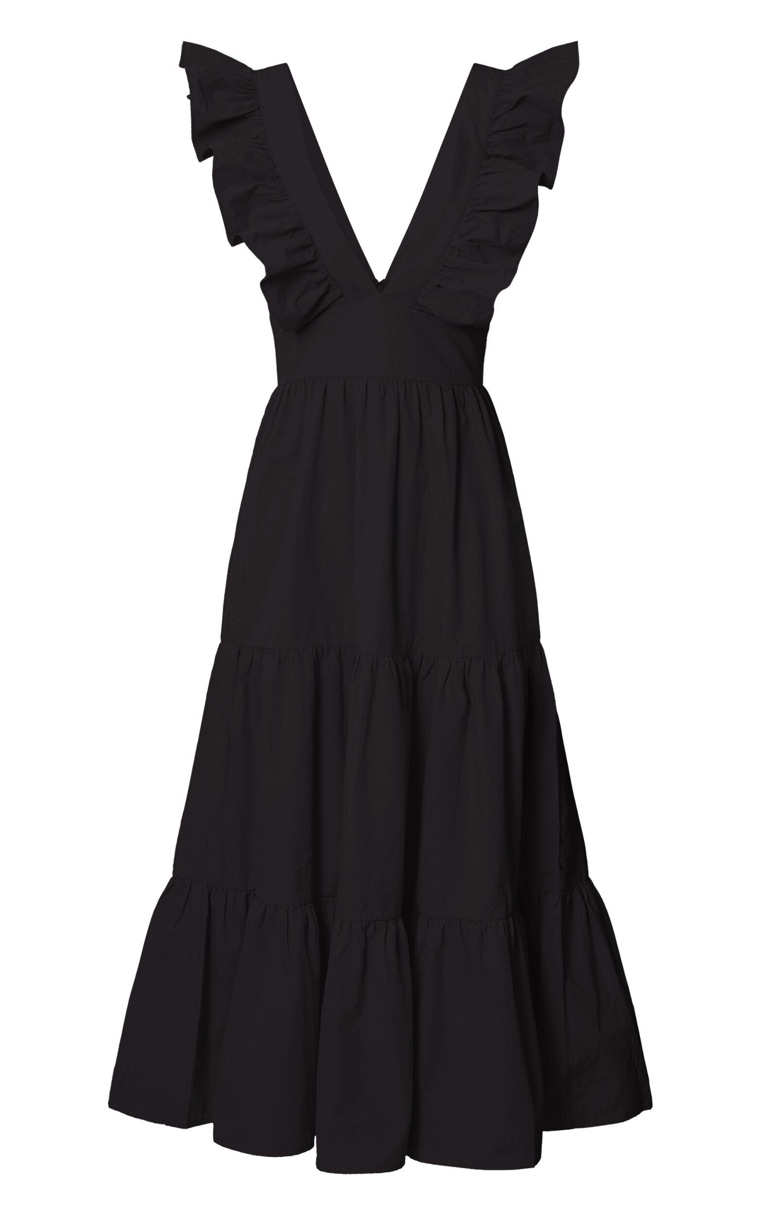Levona Midi Dress - Ruffle Shoulder Tiered Dress in Black