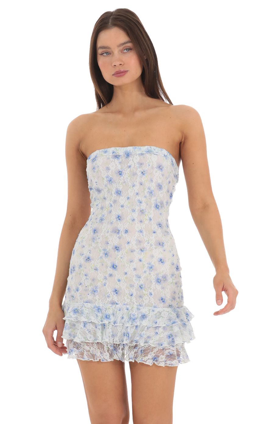 Floral Lace Strapless Bodycon Dress in White