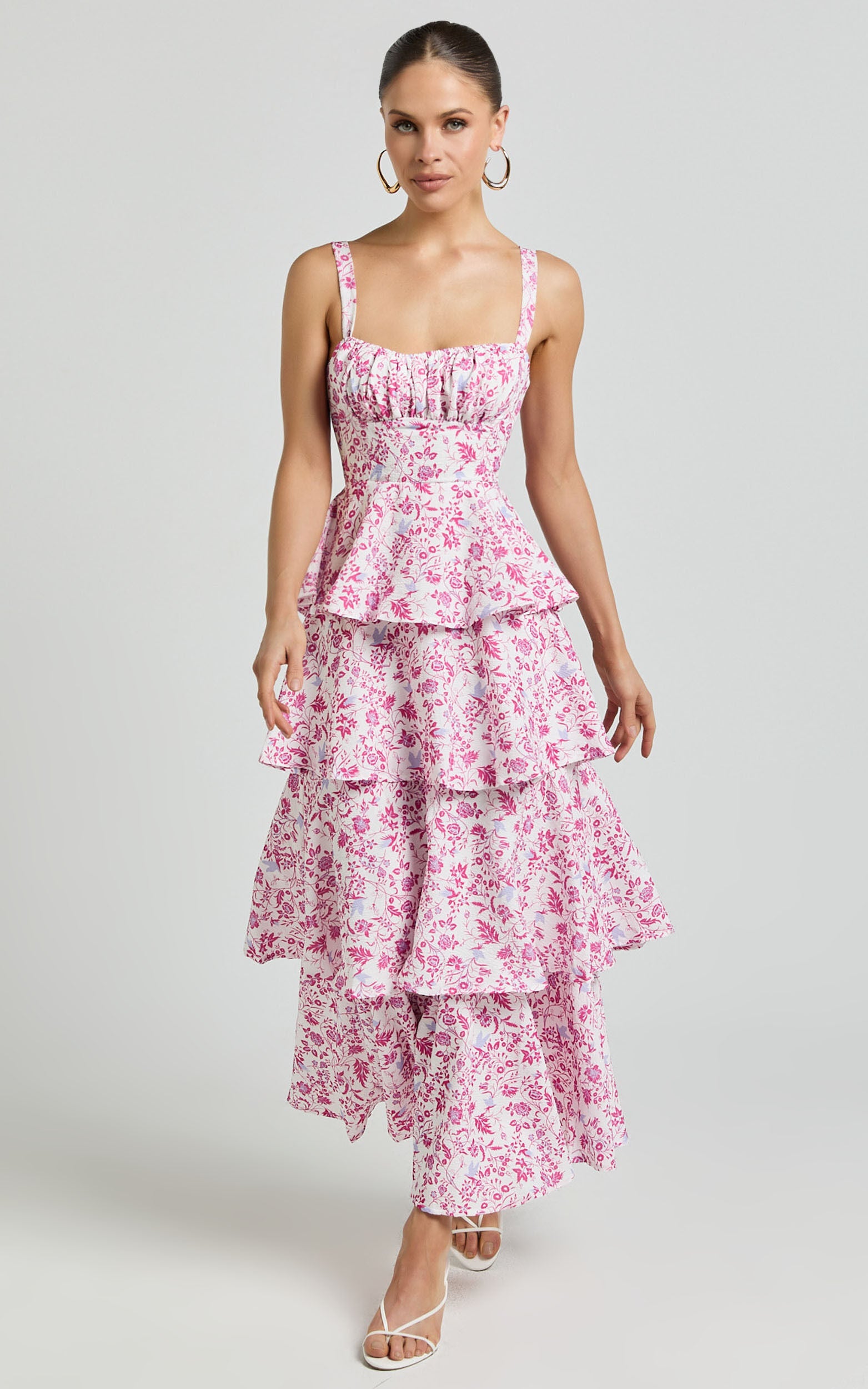 Lorma Midi Dress - Ruched Layered Dress in Pink Floral
