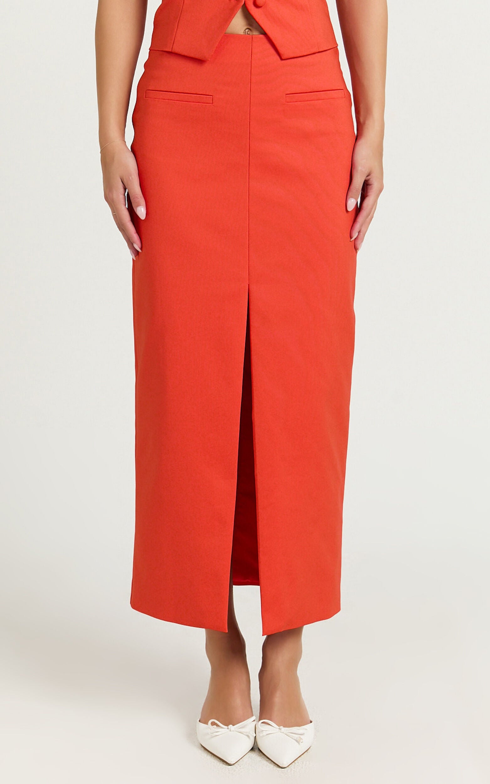 Kai Midi Skirt - Mid Waisted Front Split Fitted Skirt in Orange