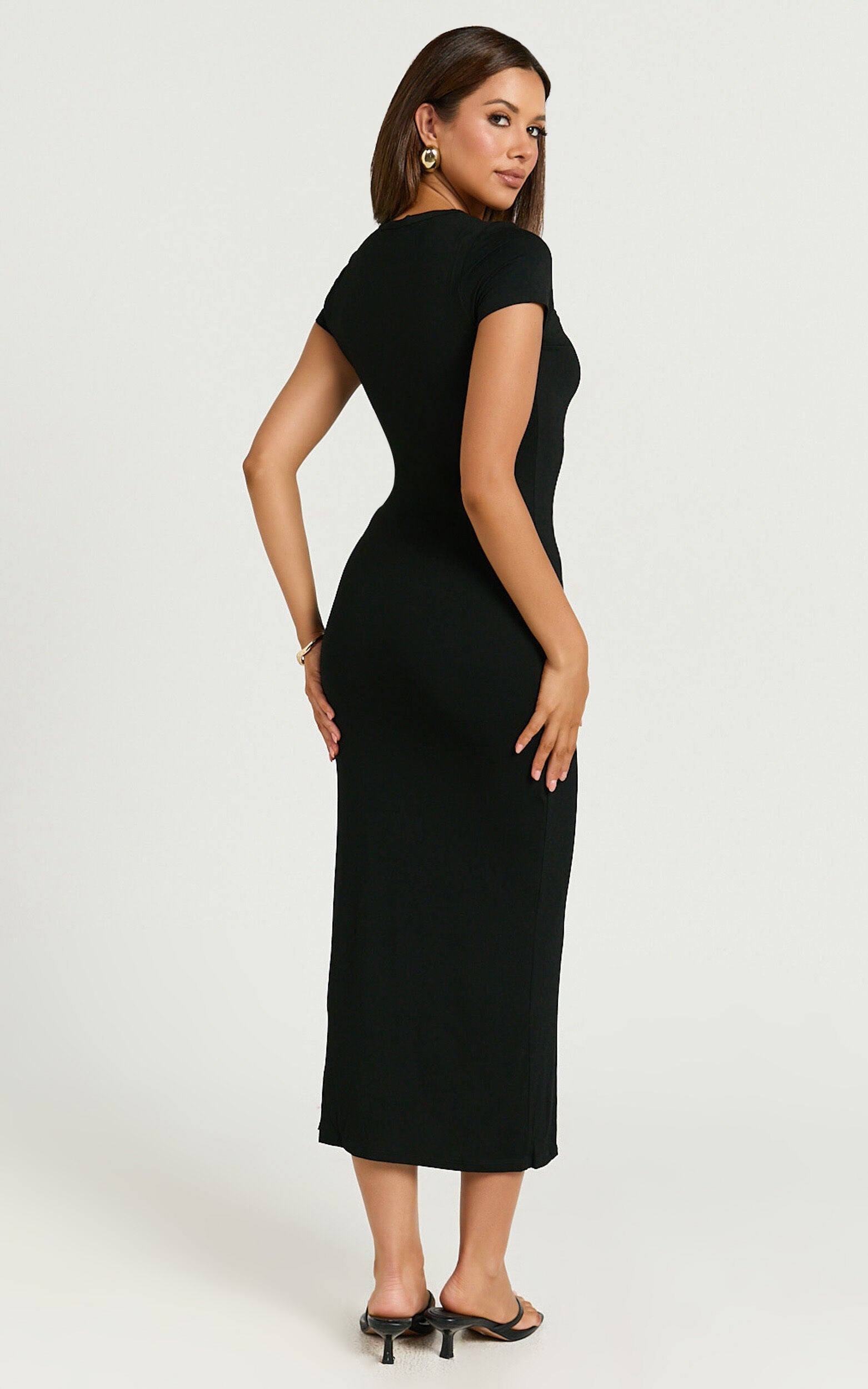 Elaine Midi Dress - Short Sleeve Slim Fit Bodycon Dress in Black