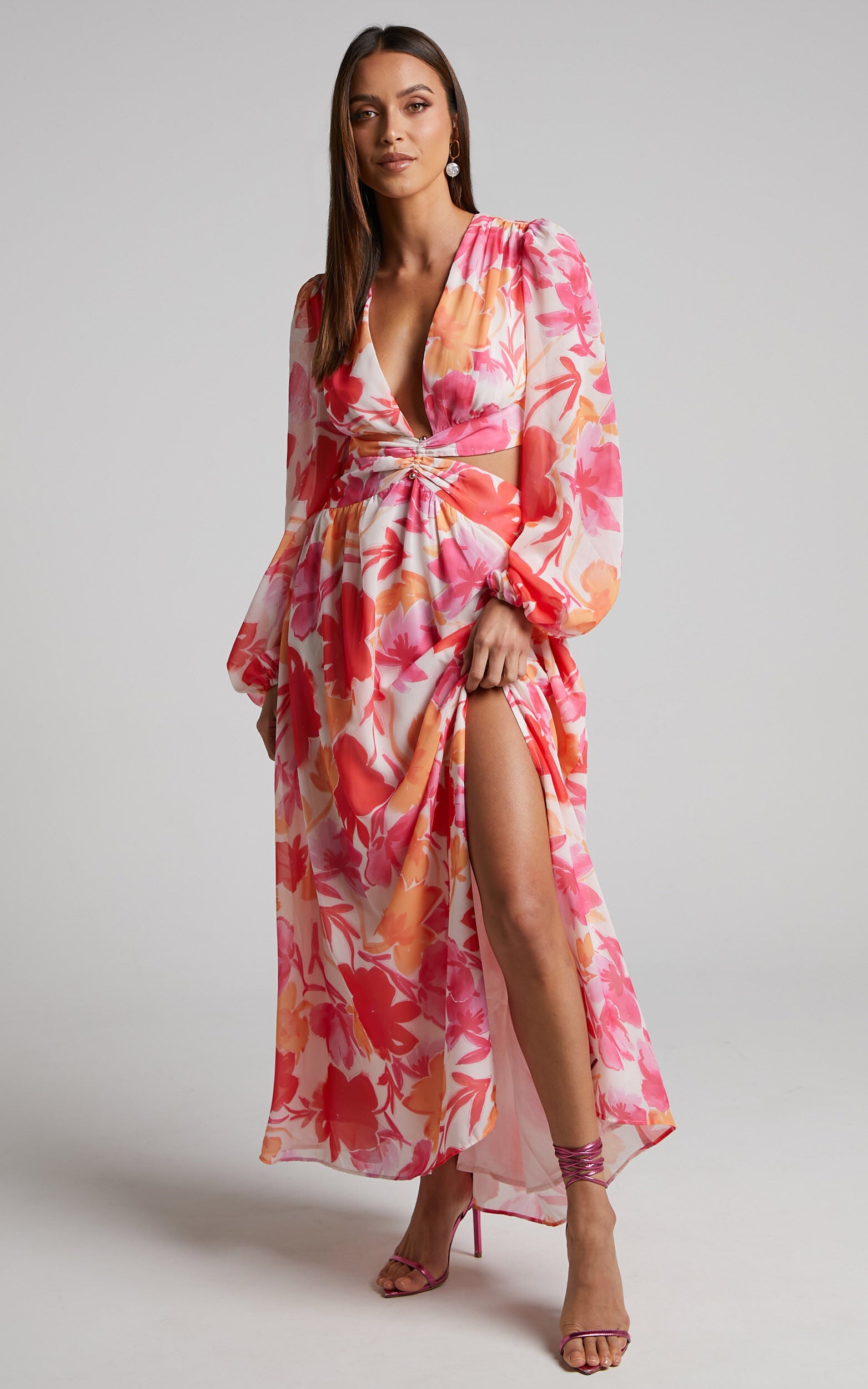 Emilee Midi Dress - Side Cut Out Long Sleeve Plunge Dress in Pink Floral