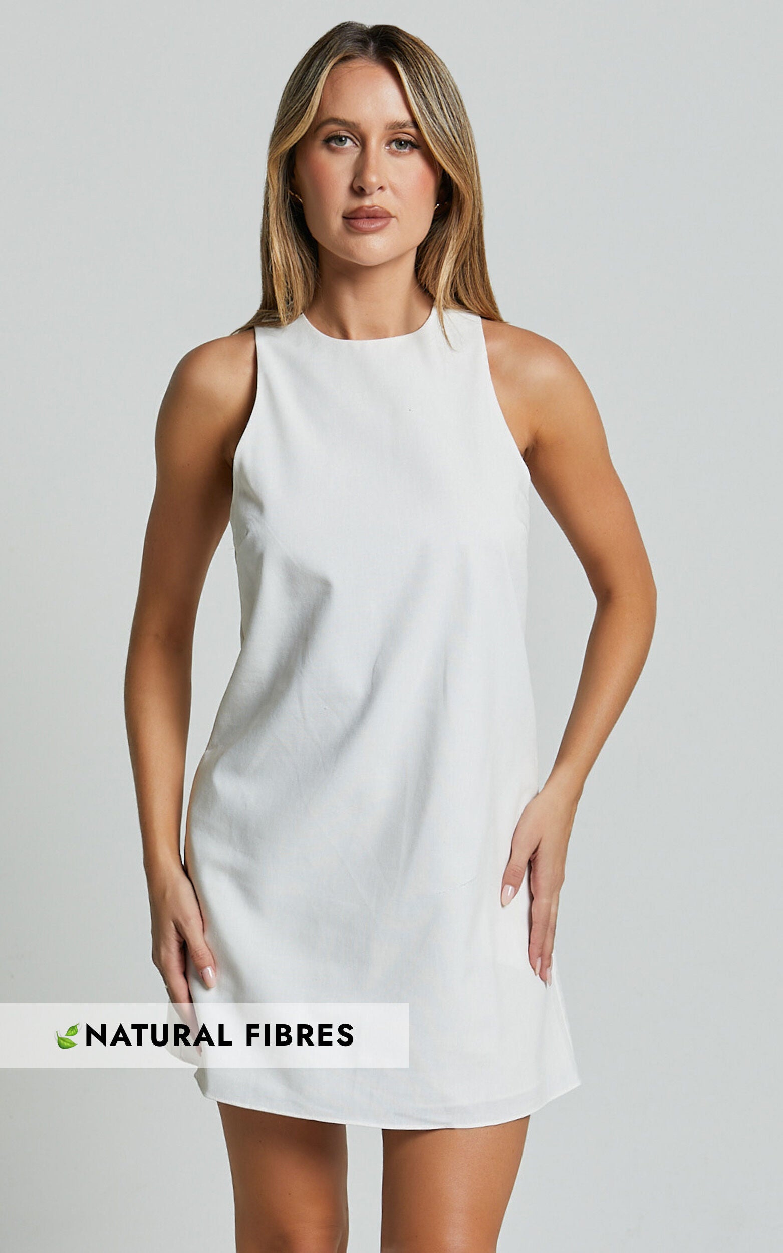 Elda Mini Dress - Linen High Neck Shift Dress in Off White