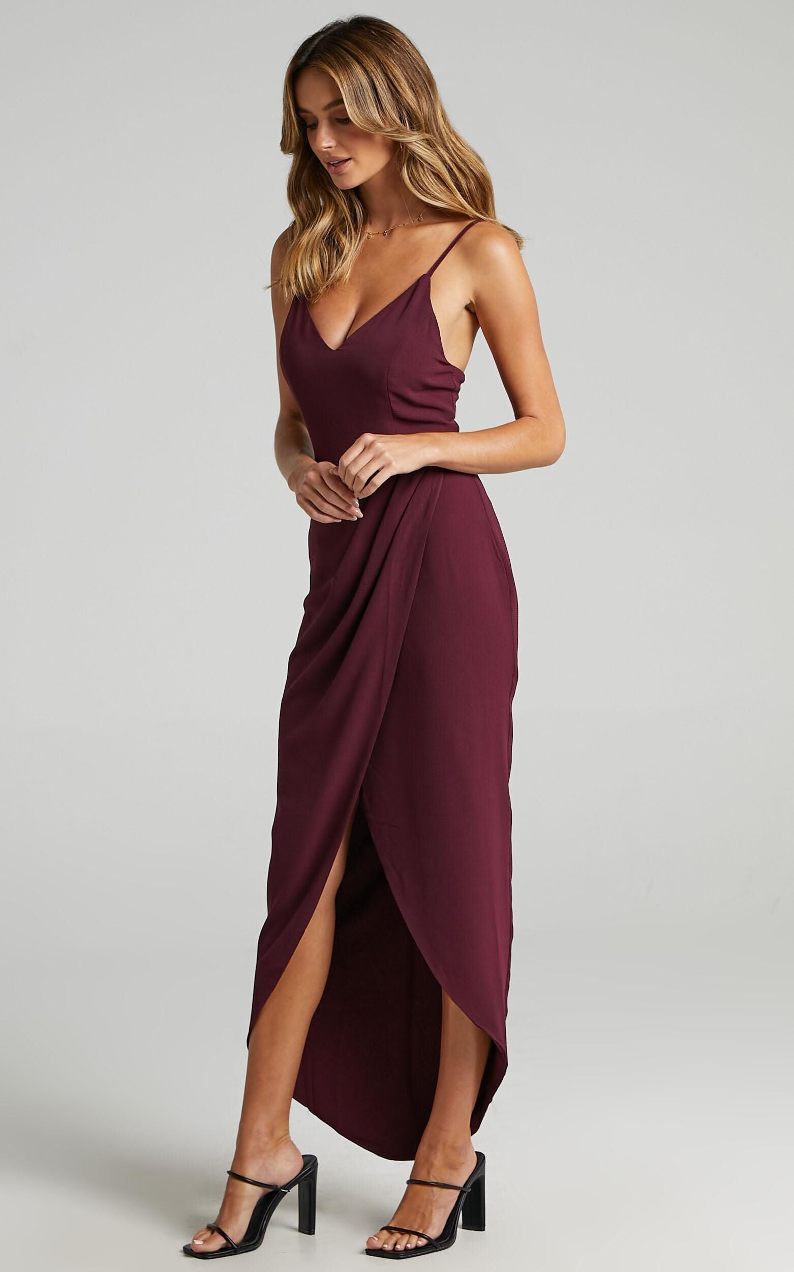 Lucky Day Midi Dress - V Neck Drape Dress in Wine