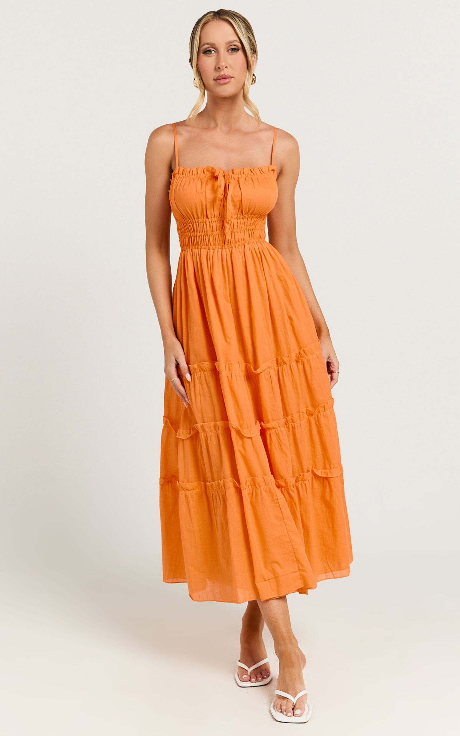 Schiffer Midi Dress - Strappy Ruched Tie Front Tiered Dress in Mandarin