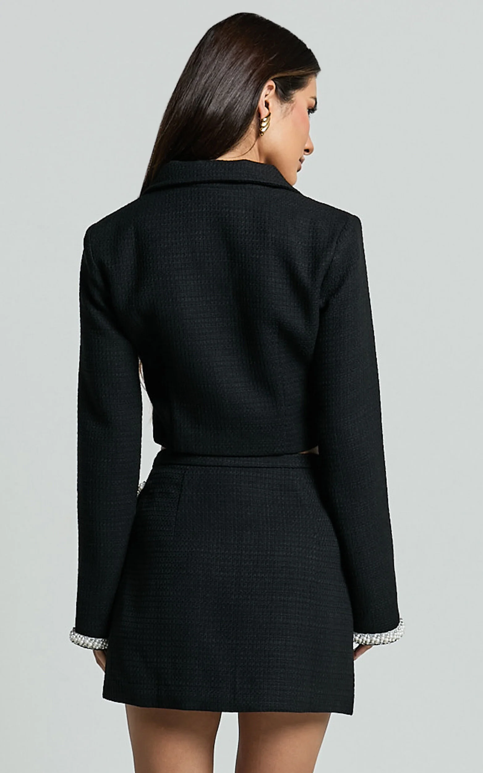 Donatella Mini Skirt - Boucle Pearl Trim Side Split Mini Skirt in Black
