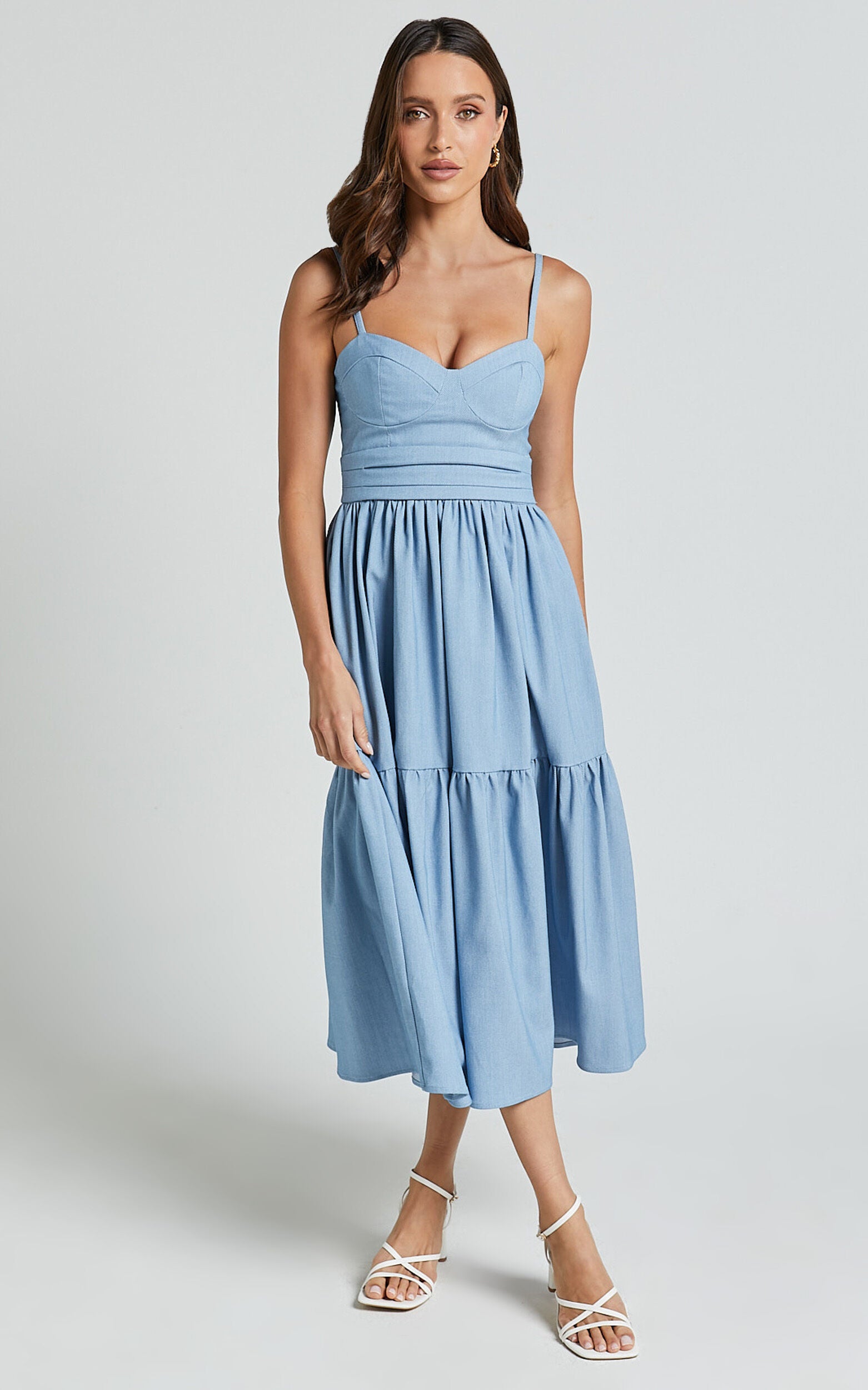 Gem Midi Dress - Strappy Sweetheart Tier Dress in Light Blue