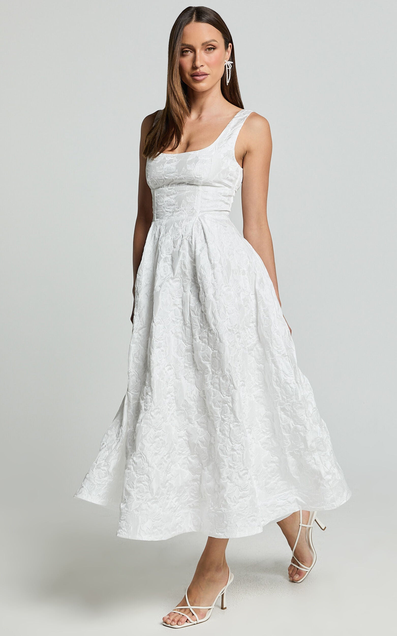 Georgine Midi Dress - Square Neck Fit and Flare Jacquard Dress in Ivory