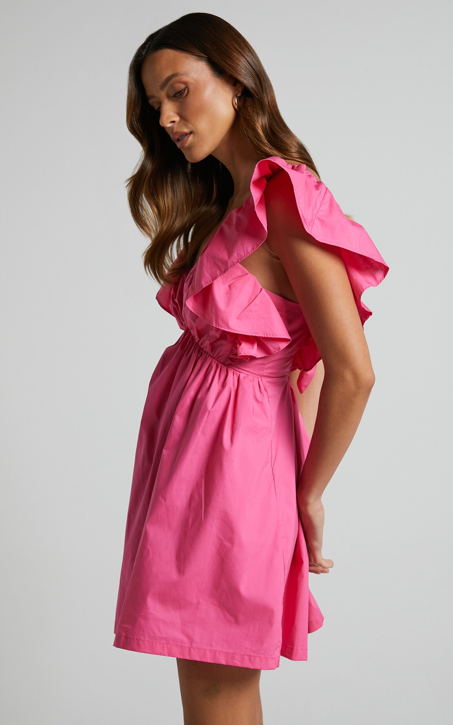 Raiza Mini Dress - Ruffle Sleeve Tie Back Plunge Dress in Fuchsia