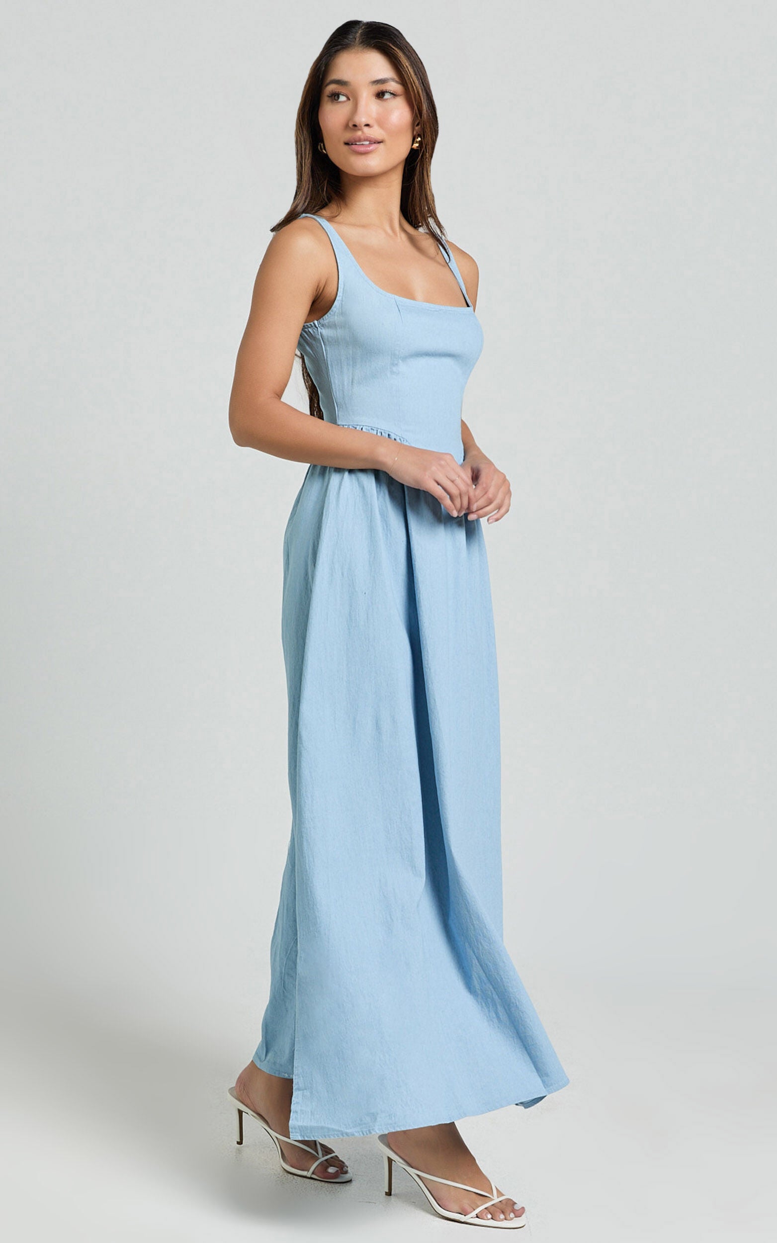 Rhaziya Midi Dress - Sleeveless Straight Neck Fit and Flare Dress in Blue