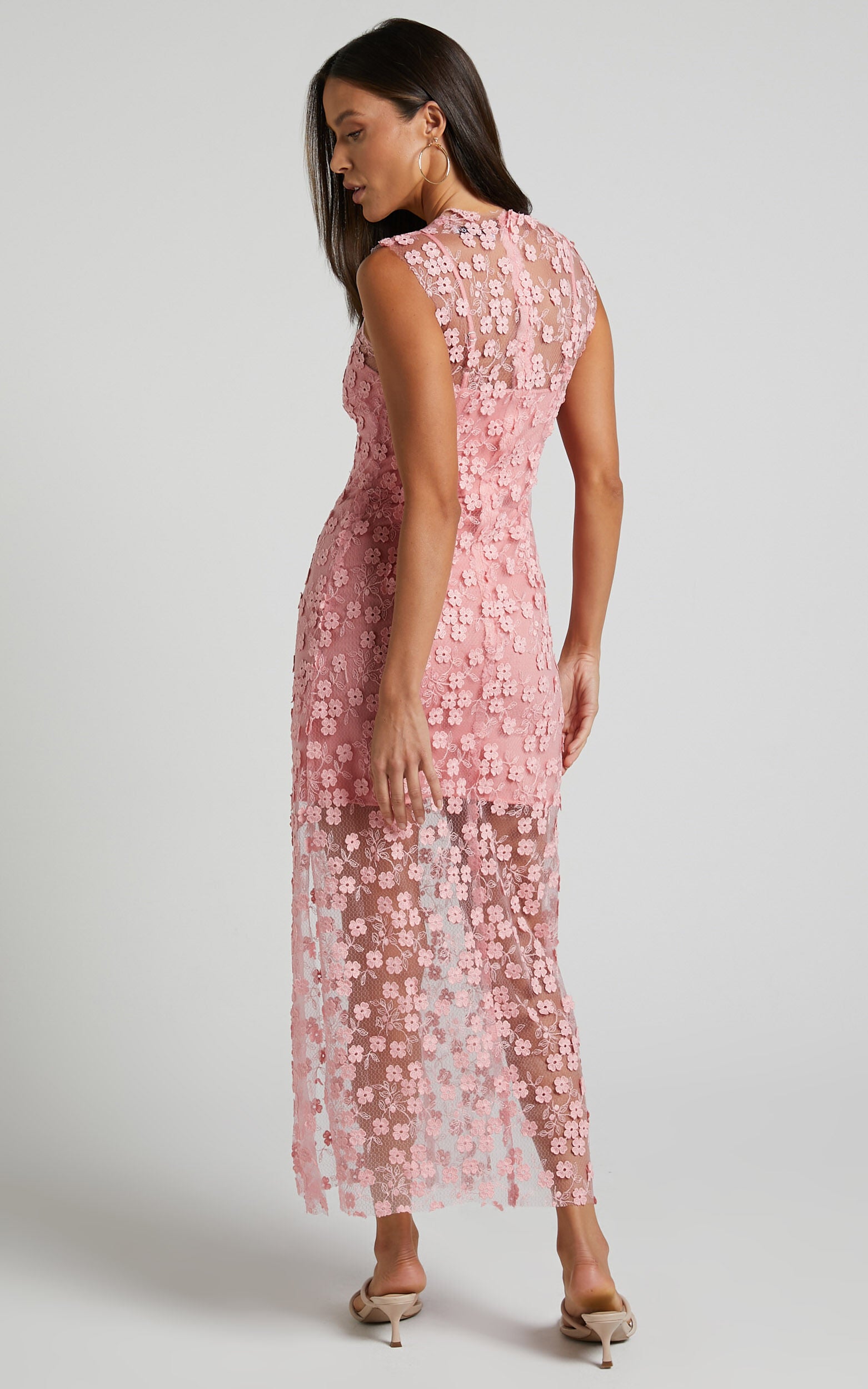 Hazel Midi Dress - 3D Flower Net Bodycon Dress in Pink