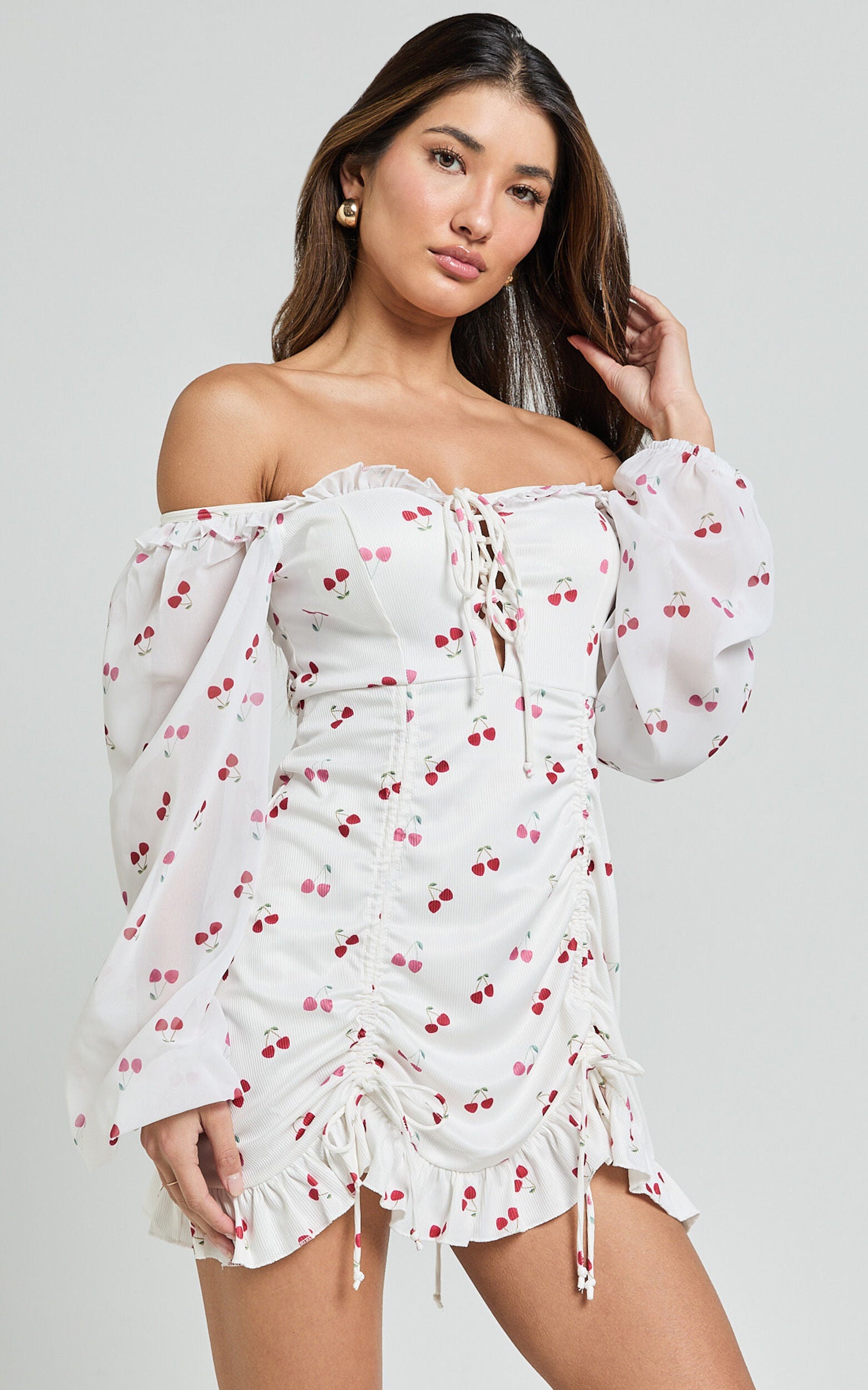 Francia Mini Dress - Long Sleeve Gathered Frill Hem Detail Dress in Cherry Print